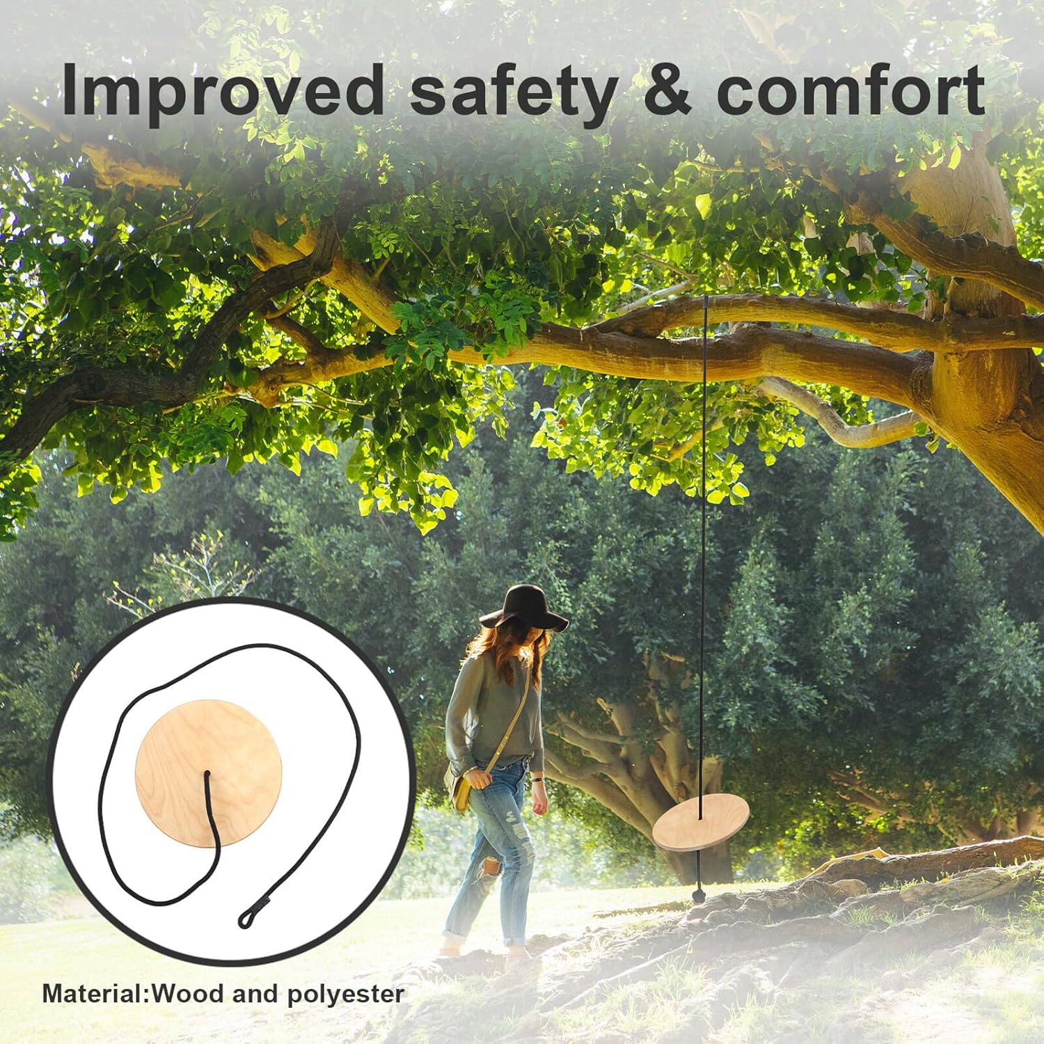 TOYANDONA High-Strength Load-Bearing Wooden Disc Swing with Thickened Wood and Heavy Duty Braided Rope, Outdoor ’s Hanging Play Swing for Backyard and Playground Use