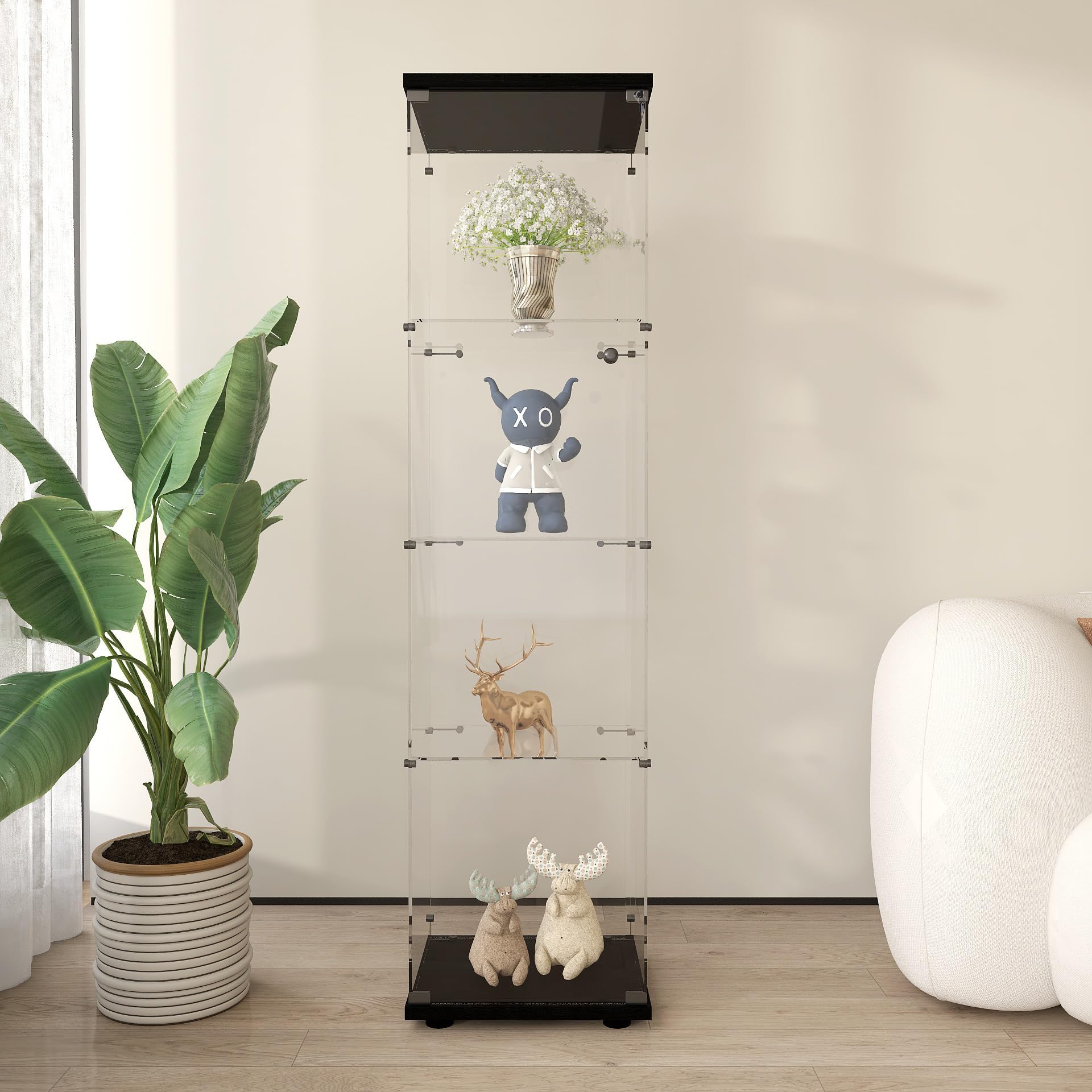 Frameless Glass Display Cabinet, Curio Cabinet with Lock and Glass Door, Floor Standing Showcase Display Shelf for Collectibles, Legos, Figures, Plants