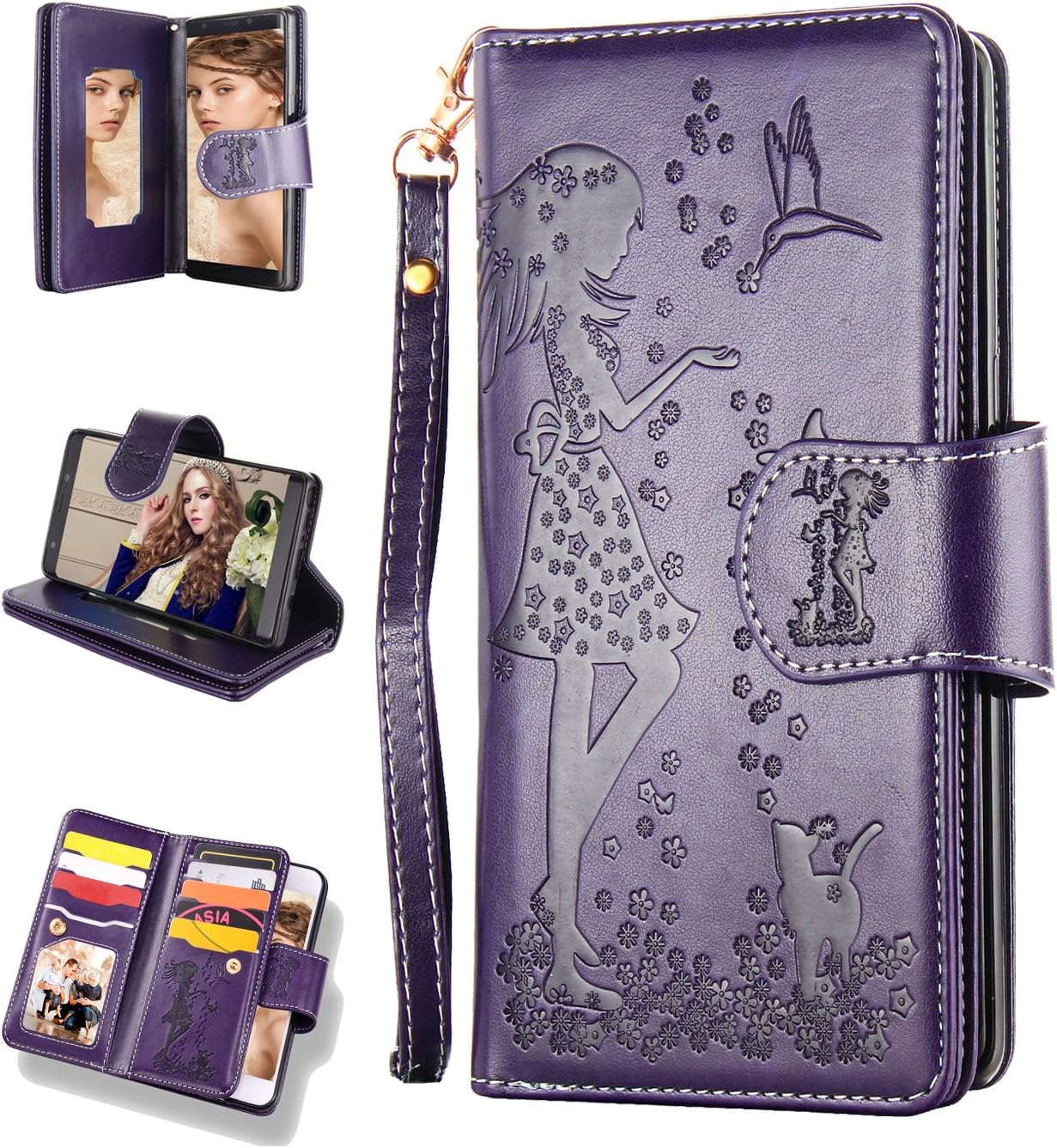 FLYEE Compatible with iPhone 12/12 Pro [6.1inch,2020 Release],Wallet Case for Women and Girls with Card Holder and Mirror,9 Cards Slots Premium Leather Flip Dream Protective case-Purple