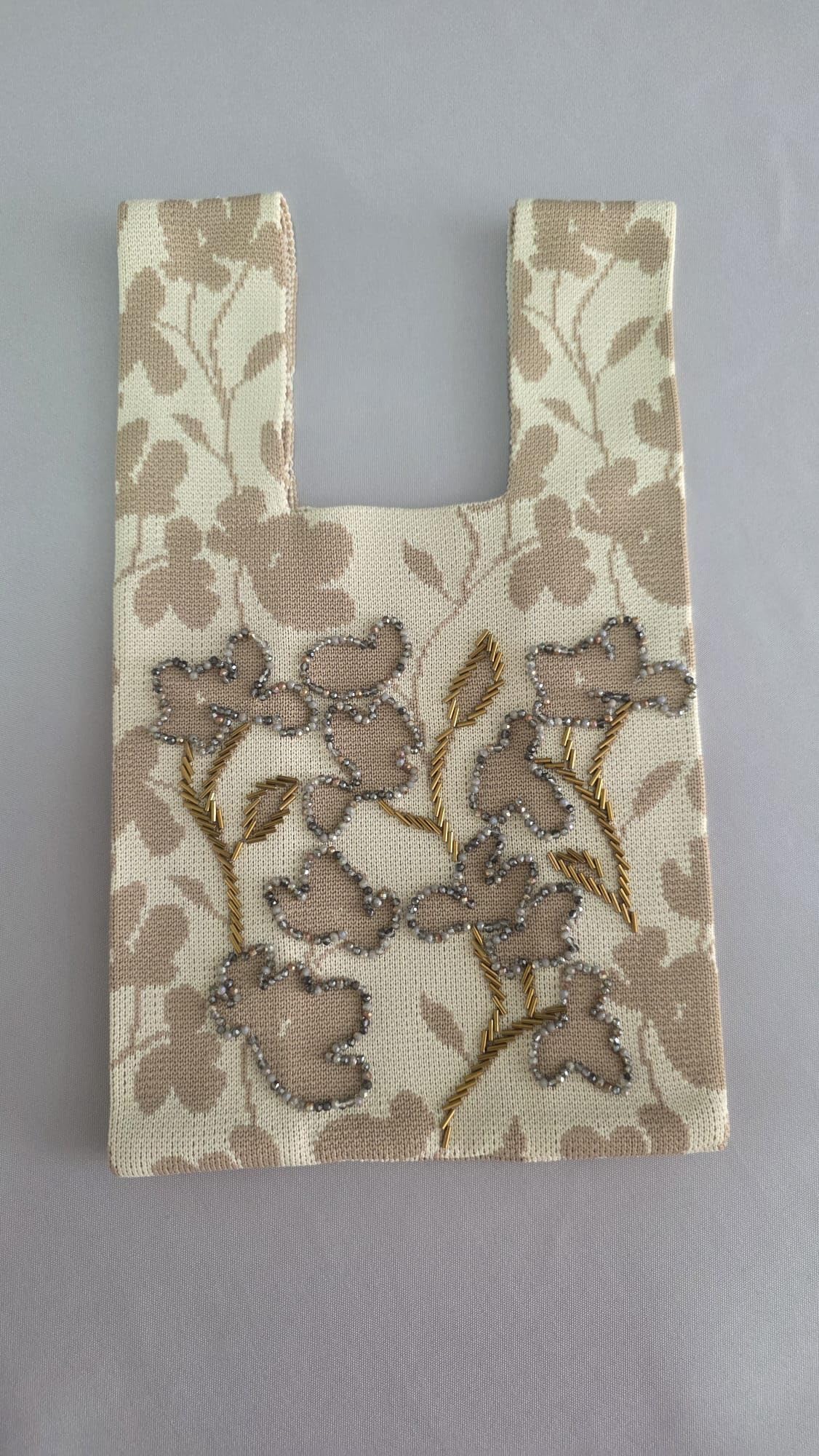 Genérico Bolso Tote Beige de Jacquard con Bordado Artesanal de Flores en Cuentas y Canutillos, Bolso de Mano Elegante de Lujo