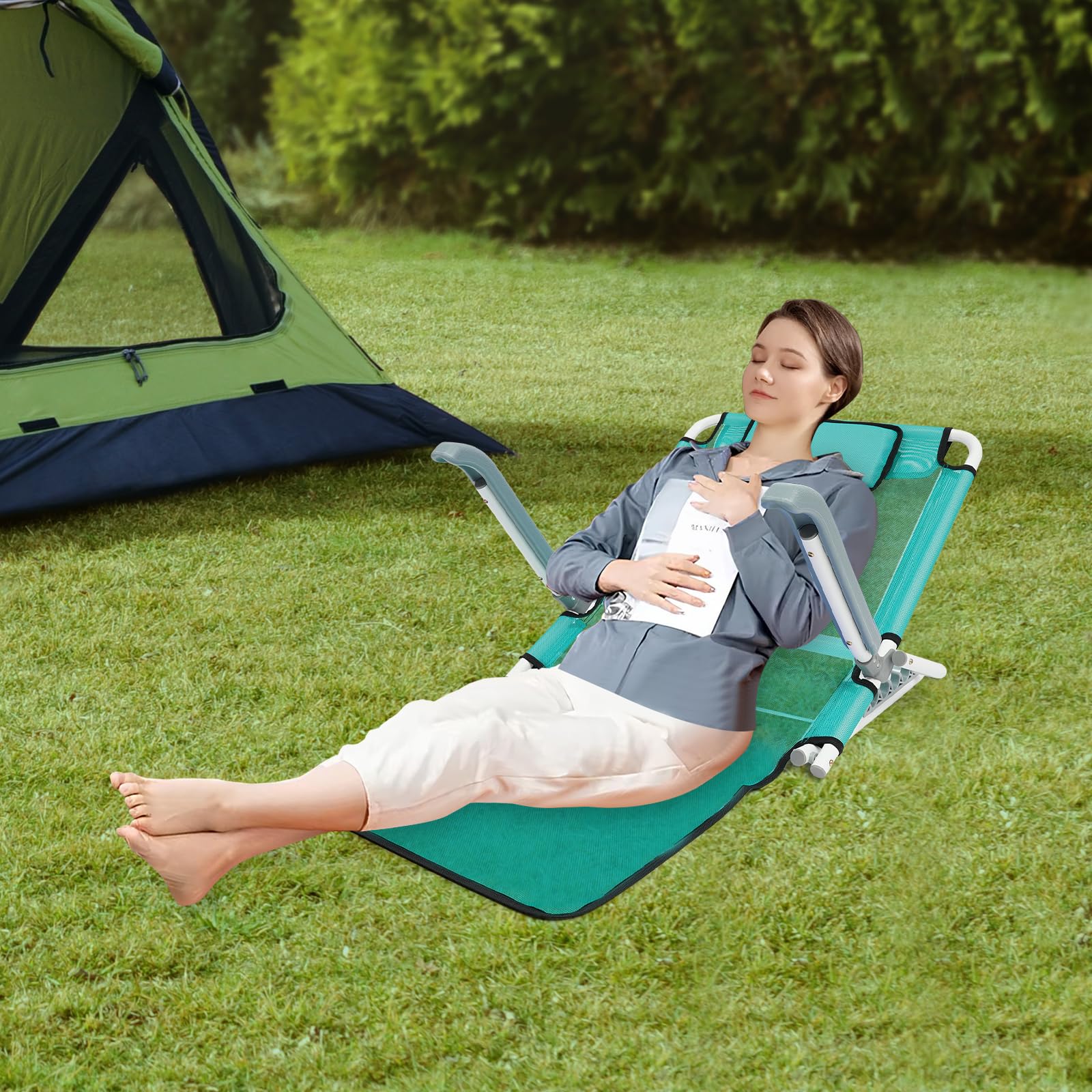 Dossier réglable - Matelas de plage portable - Support dorsal - Lit de plage pliable léger - 5 niveaux d'inclinaison - Résistant à l'humidité - Avec accoudoirs, masque pour les yeux et