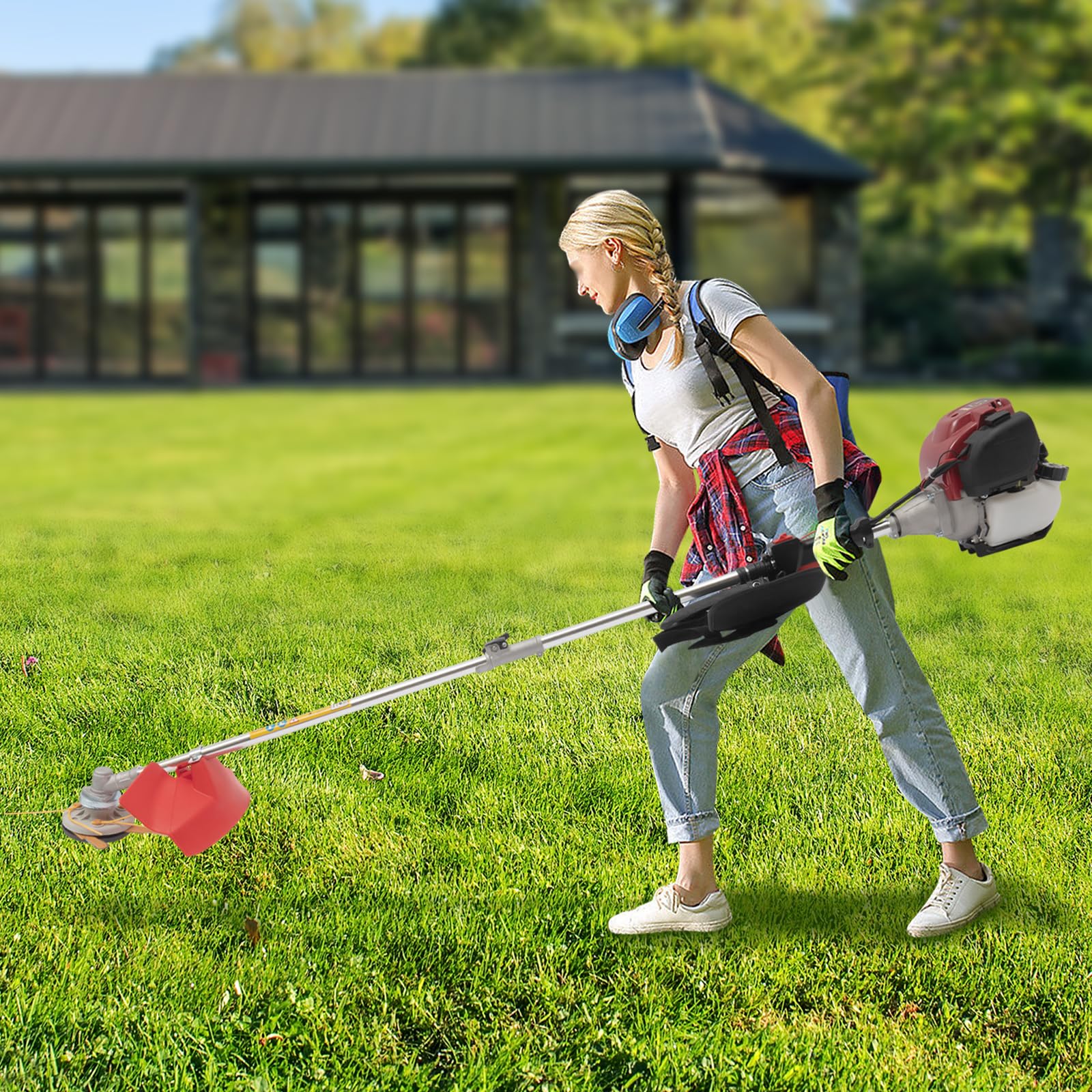 TITIDU 35.88CC Weed Wacker Gas Powered String Trimmer 4-Stroke Lawn Edger, 0.75KW Powerful Brush Cutter with 2 Blade Heads Grass Tools Weed Eater