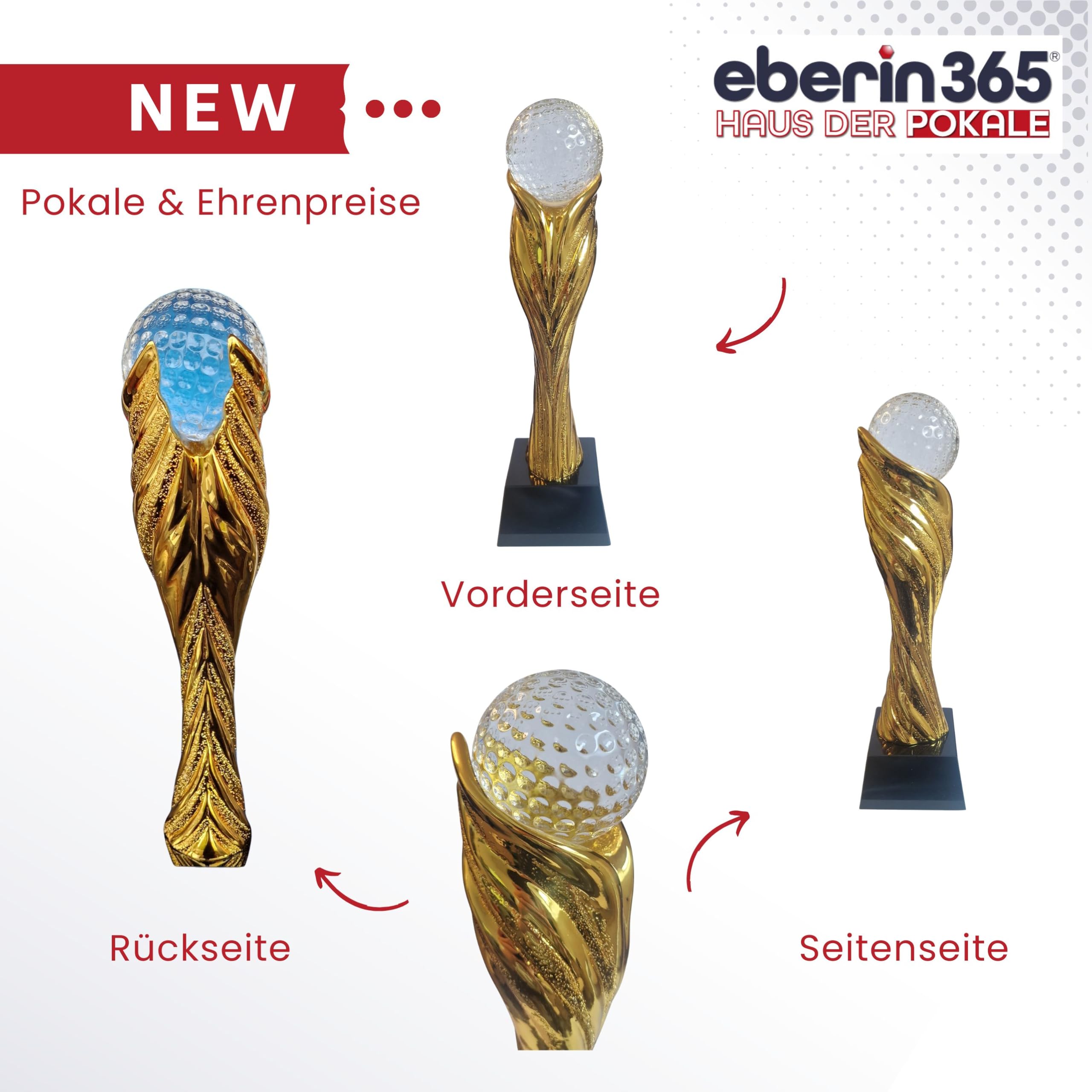 Golf Pokal 27,5 cm mit Glas Golfball auf Glassockel – edle Trophäe mit Goldener Säule aus schwerem Resin – hochwertiger Award mit Gravurschild kein Kunststoff für Turniere & Vereine
