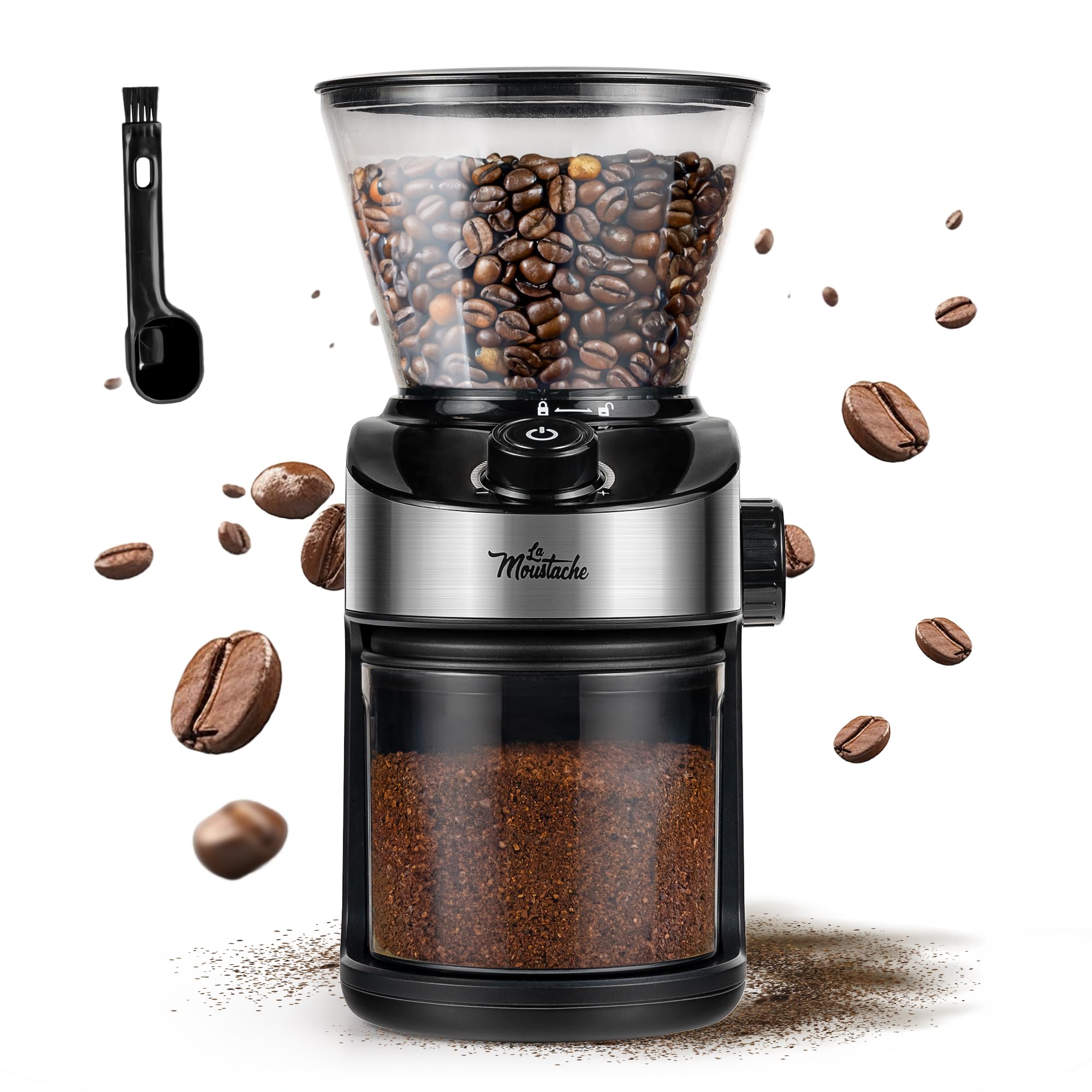 La Moustache - Molinillo de Café Eléctrico 200W con Mecanismo Plano de Acero Inoxidable 190g | 25 Grados de Molido【Bajo Ruido】Contenedor Transparente, Temporizador y Cepillo (GrindMaster Black)