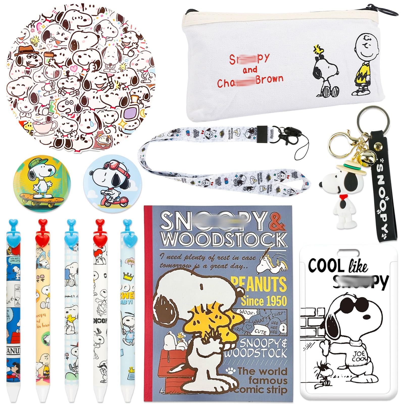 Heartsking Snopy Stationery Set, Cute Case with Gel pen, Notebooks, Stickers, Keychain, Lanyard with ID Badge, Brooch, Cute Stationery set,Back to School Gifts for Girls Boys Kids