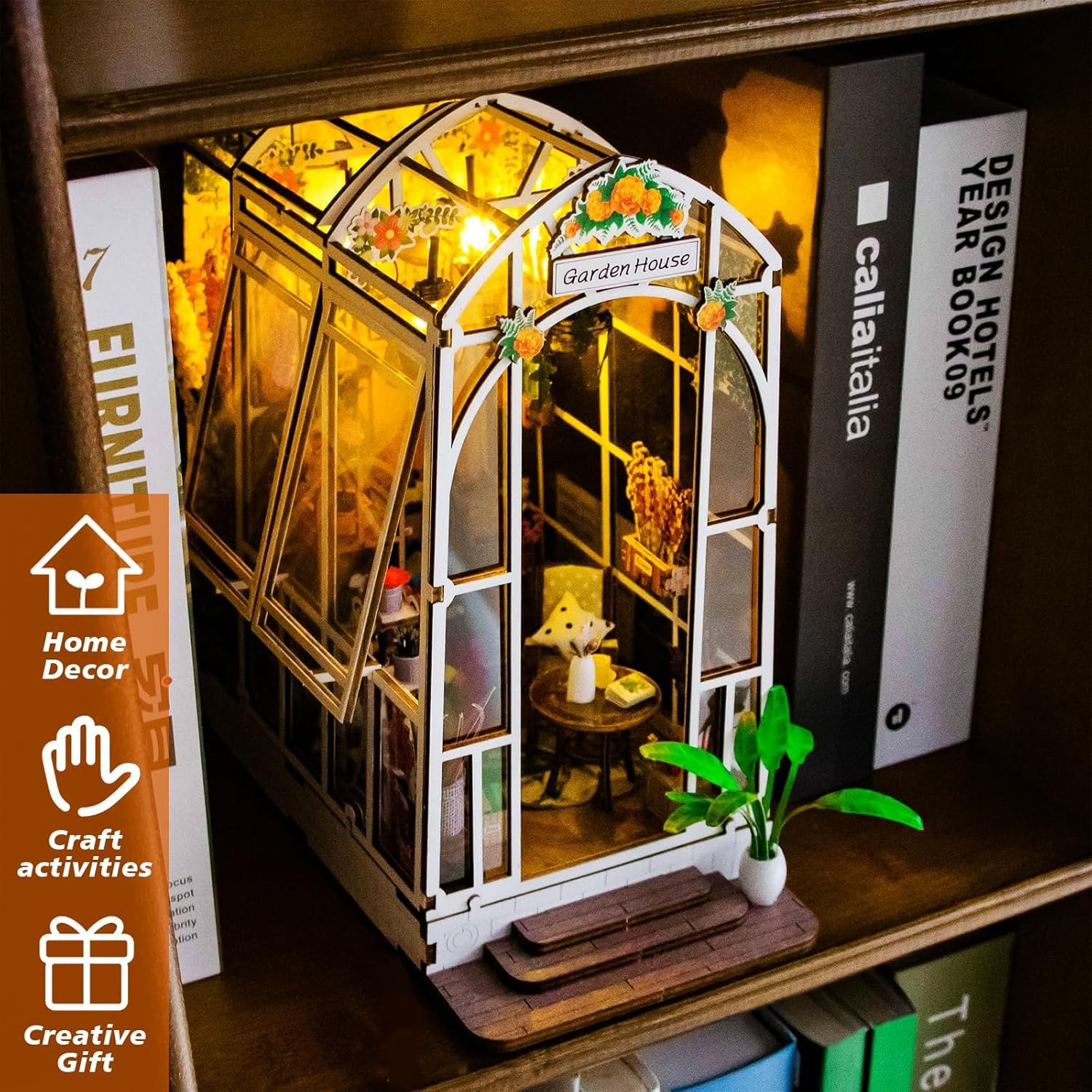 Jimhaby Book Nook Kit with LED Lights, DIY Wooden Book Nook for Adults Garden Miniature Book Nook with Lights - Image 2