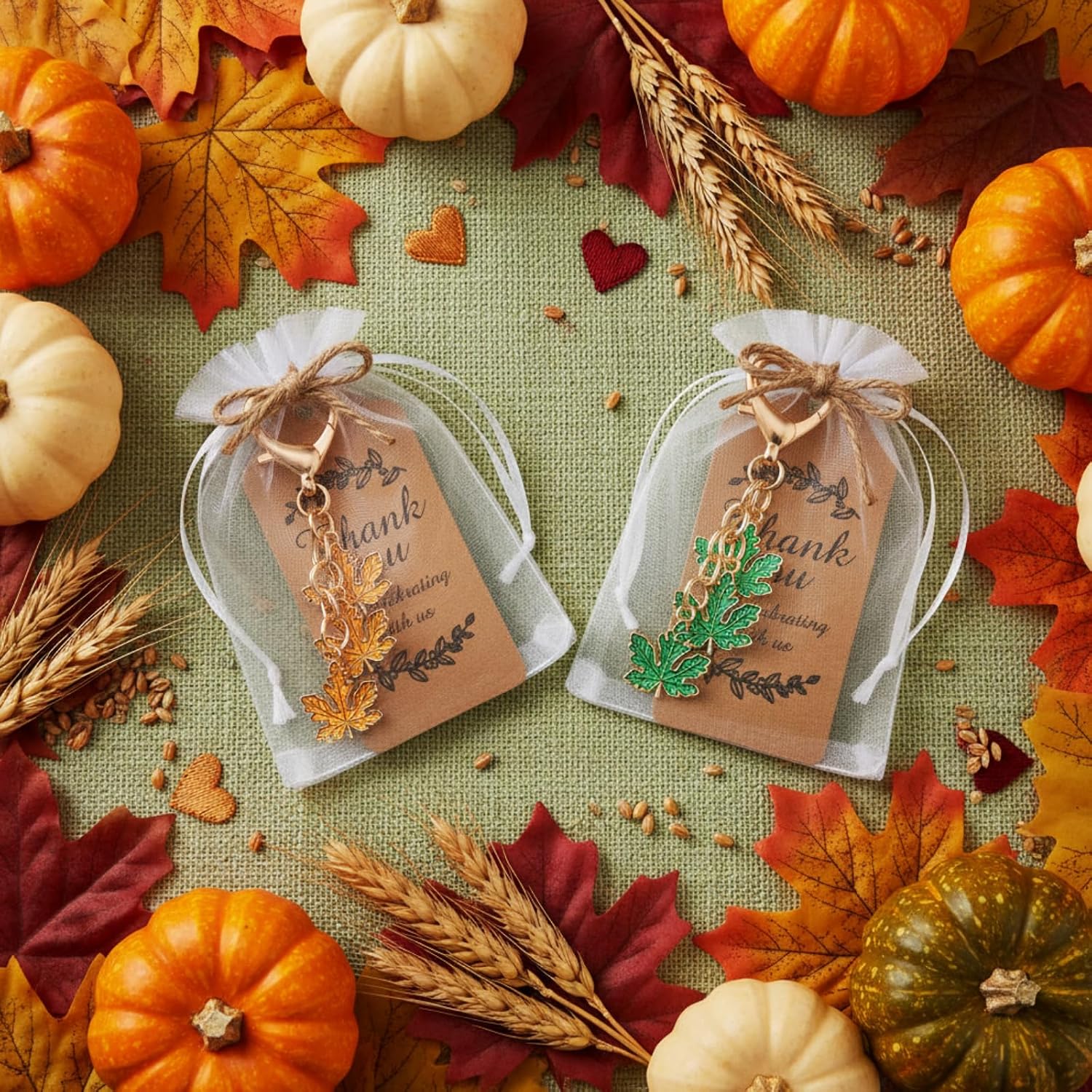 Ecation 20 Set Maple Leaf Keychain Party Favors Set Maple Leaf Charm Aesthetic Accessories Autumn Souvenir Present with Kraft Tags Organza Bag for Guests Baptism Shower Wedding