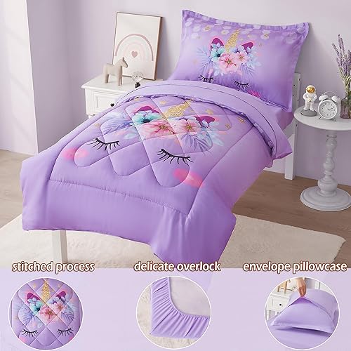 Miniatura 2 de KINBEDY Juego de ropa de cama de 4 piezas con diseño de unicornio y arcoíris para niñas, juego de sábanas para cuna, diseño de estrellas y flores