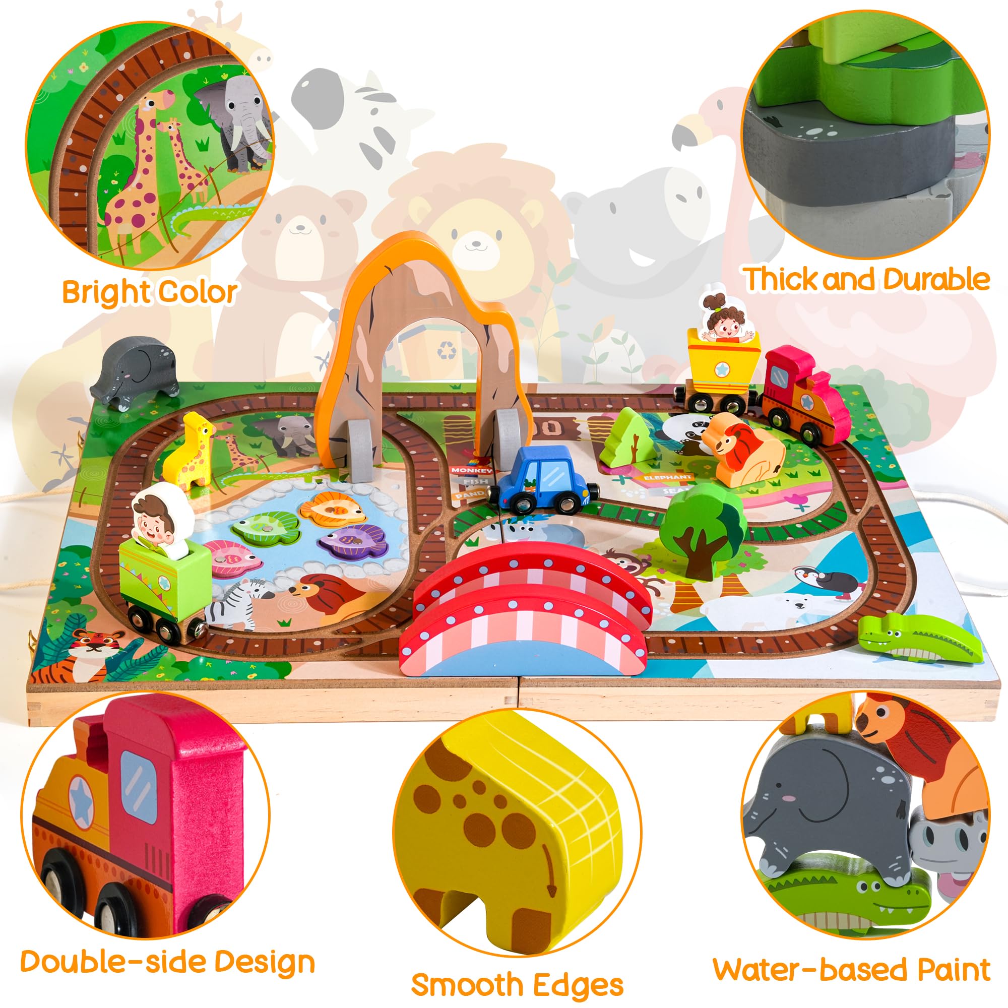 Juego de tren de madera para llevar, fiestas temáticas de zoológico, juego de pesca magnético, juego de apilamiento de animales, juguete de tren portátil para viajar, regalo para niños de 2 5