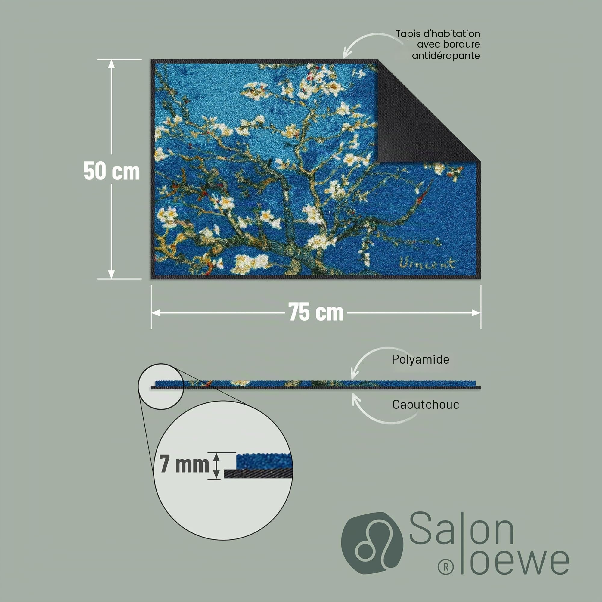 Salonloewe Tapis d'artiste lavable en machine Motif amande Turquoise 050 x 075 cm
