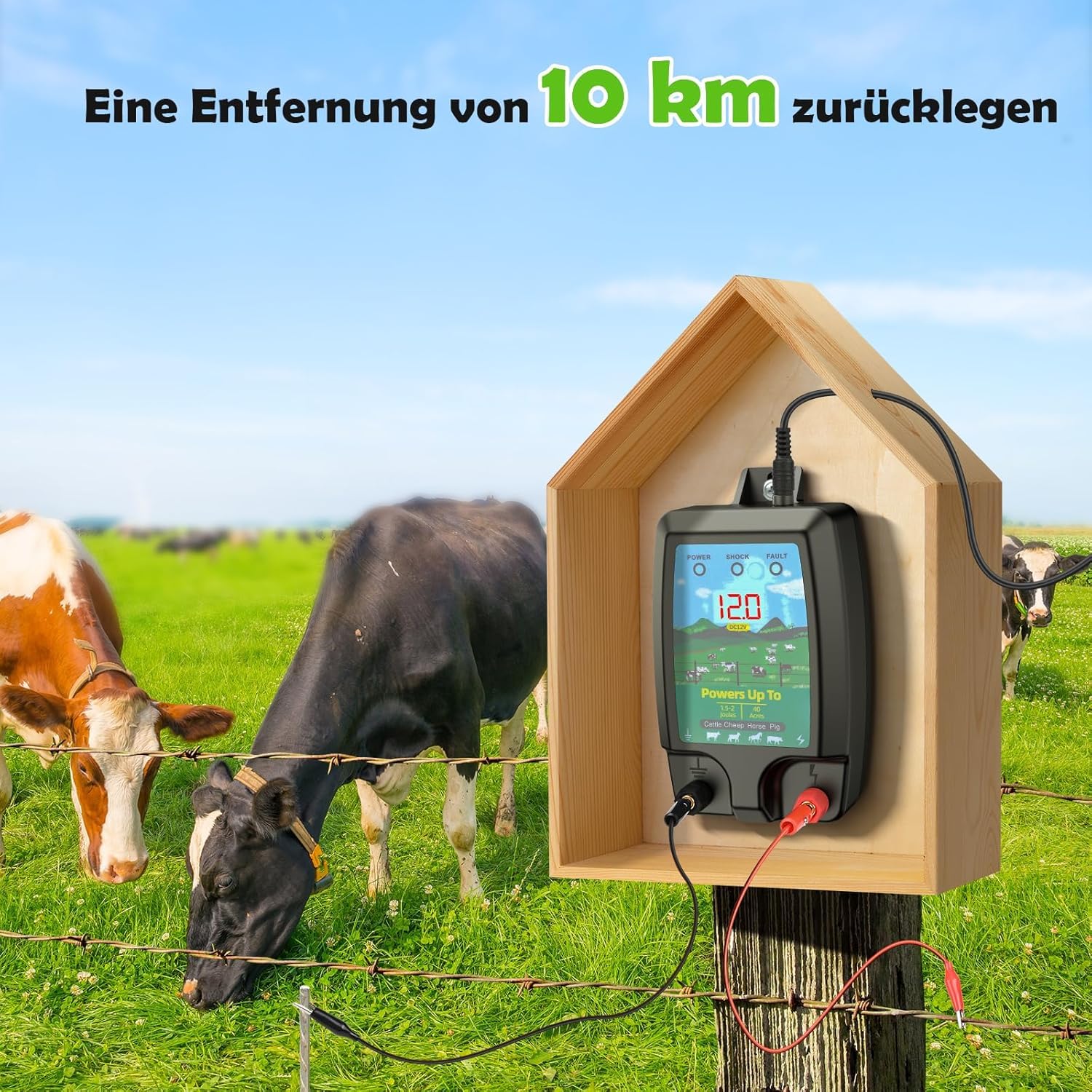 Elektrozaungerät 12KV, Weidezaungerät mit LCD-Anzeige, Elektrischer Schäferhund, 10 KM Reichweite, 2 Joule Ausgang, Wasserdicht für Nutztiere, Haustiere, Gärten und Obstplantagen