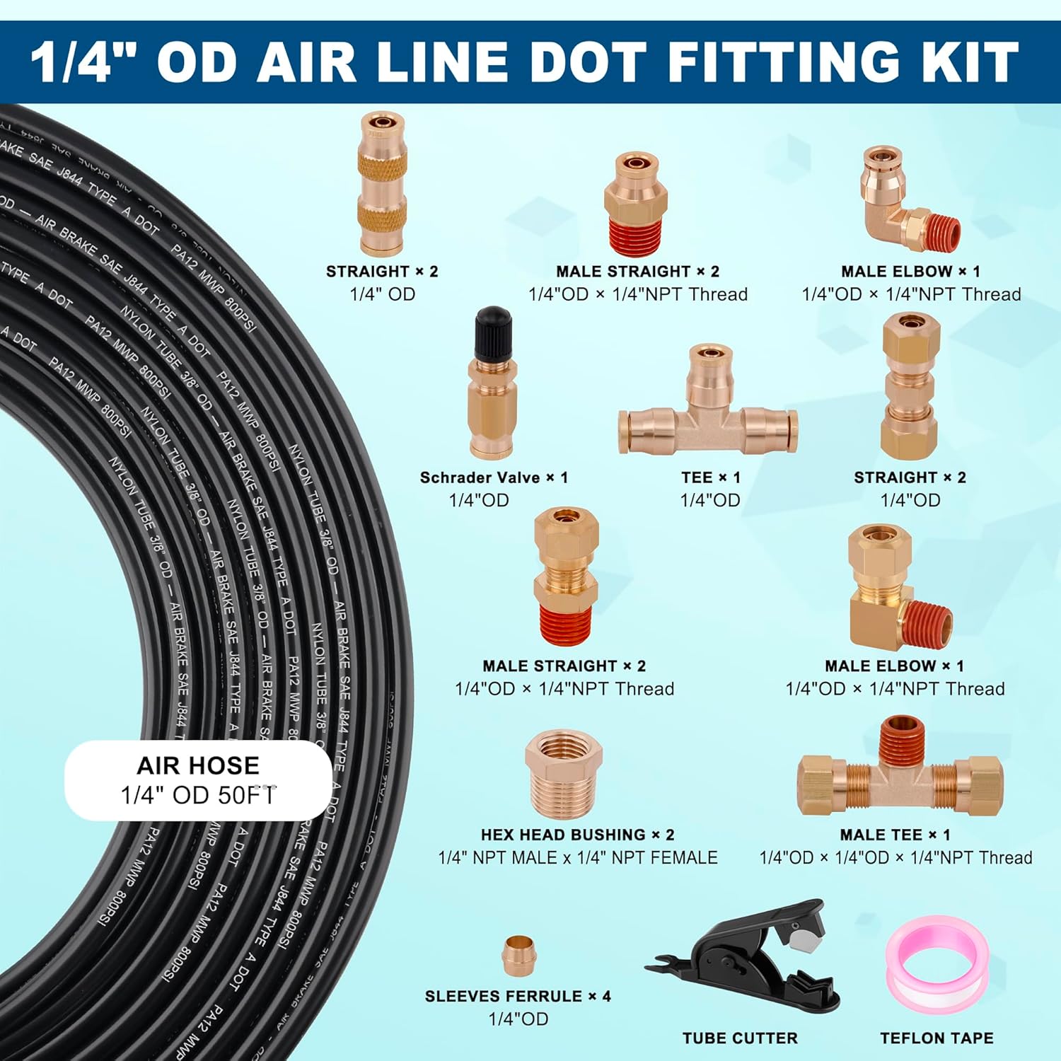 22pcs 50FT 1/4 DOT Air Line Brass Fittings Kit 1/4" OD Quick Push to Connect Fittings Compression Fittings 1/4 SAE J844 PA12 Nylon Air Hose Tubing for Industrial & Truck Air Brake System