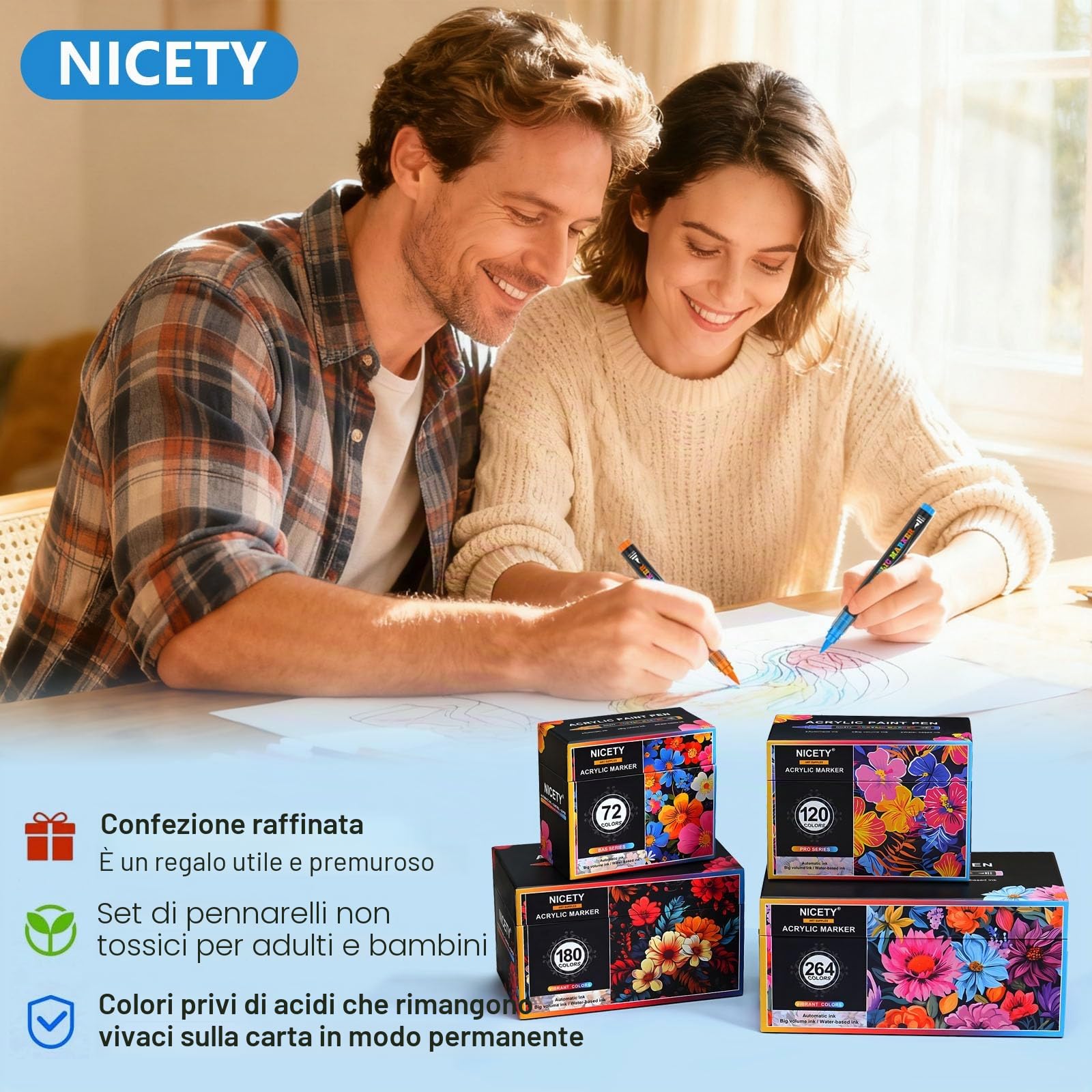 NICETY 264 Pen Acrilici Punta Pennello - Marcatori Base Acqua per Vetro Ceramica Legno Pietra - Non Tossici - Kit per Artisti e DIY