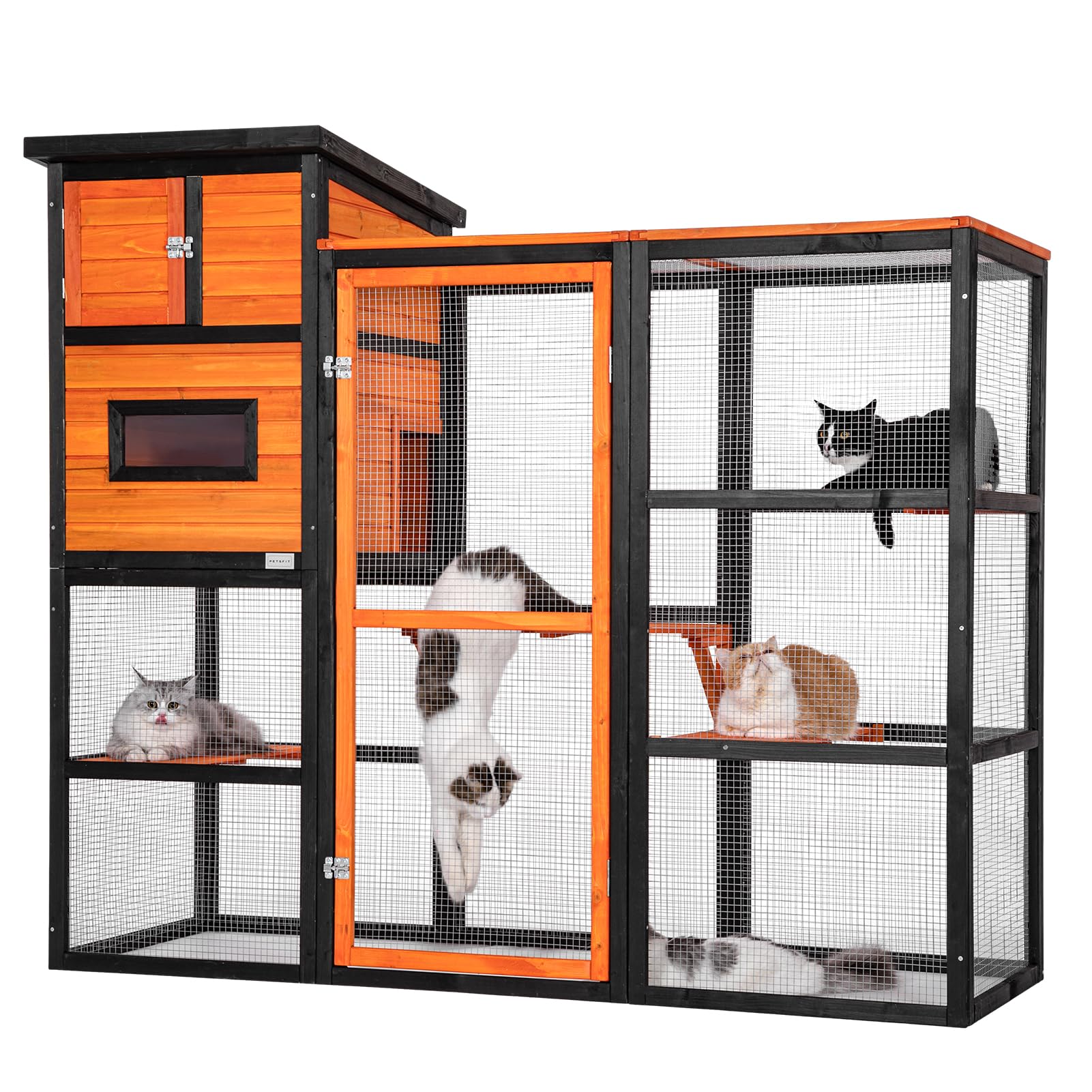 Petsfit Catio Outdoor Cat Enclosure, Cat Catio Outdoor with 4 Tries, 2 Resting Room, 4 Platforms and Waterproof Roof, Orange