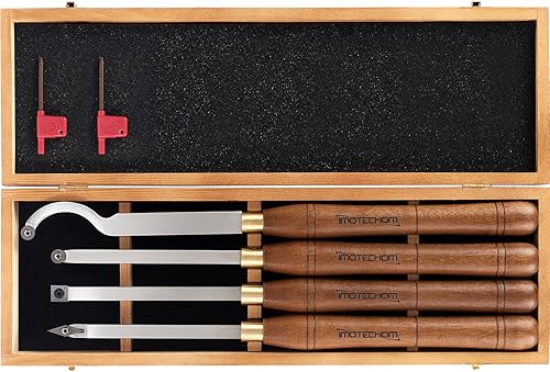 Juego de cinceles de torno de madera con punta de carburo de 4 piezas con hoja de acero inoxidable, caja de madera