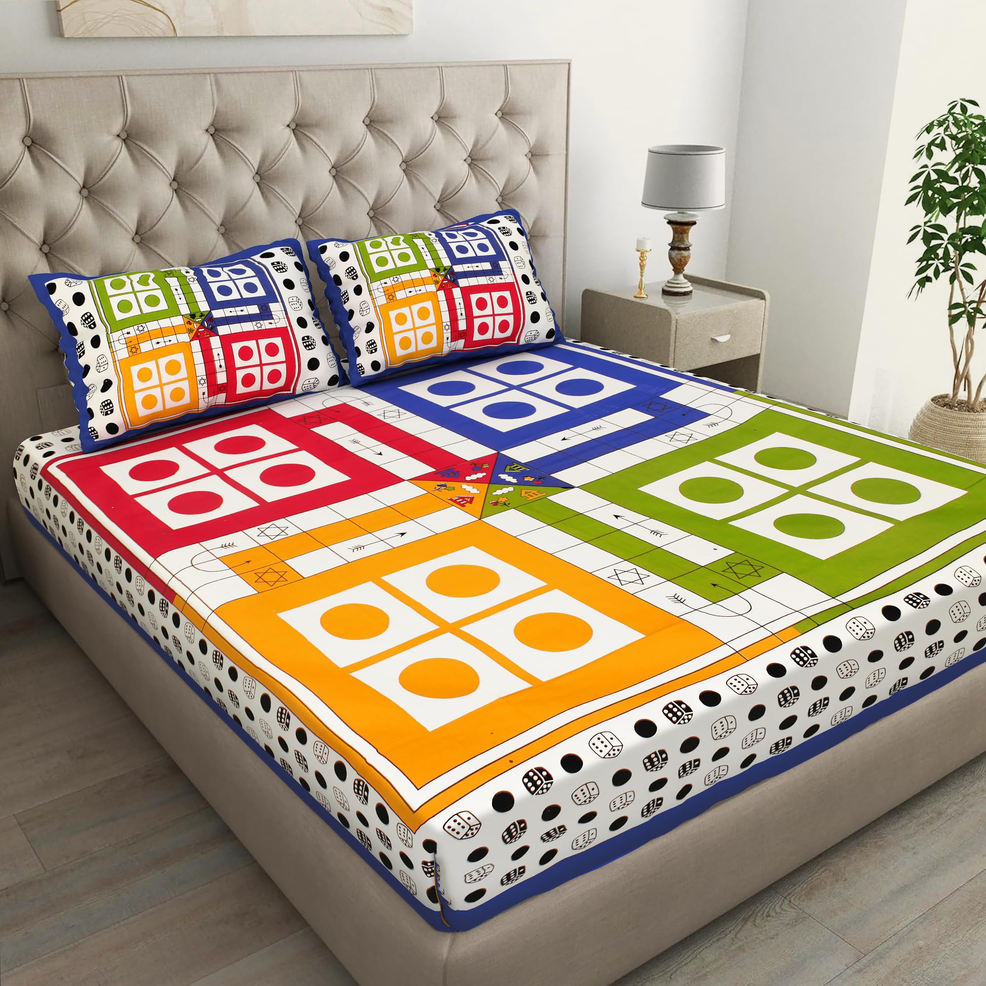 Ludo Print Double Bedsheet with 2 Pillow Covers, Multicolour Dice Theme, Fitted Sheet-image-31