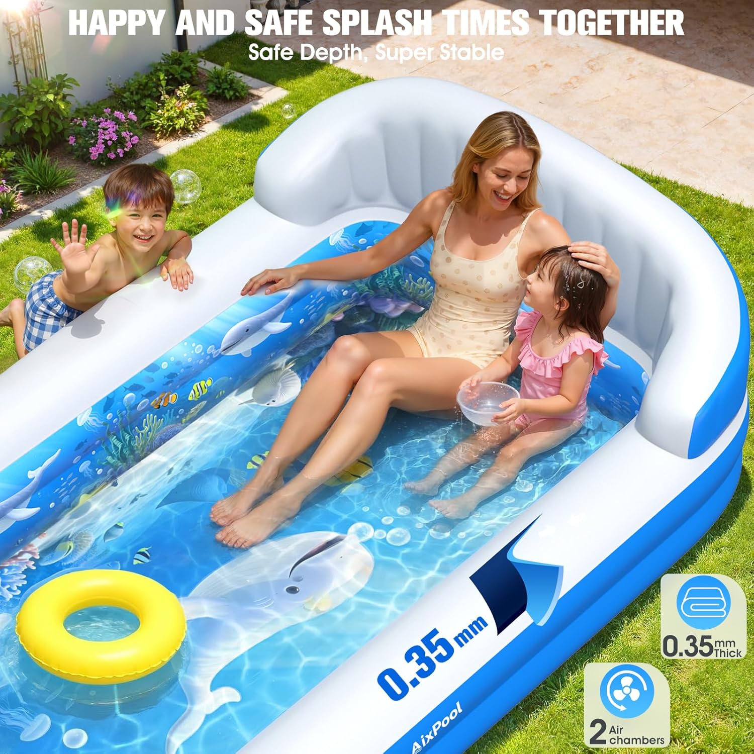 2026 Inflatable Pool with Sprinkler,Durable Blow up Pool with Big Backrest, Rectangle Kids Pool Backyard,Children Swimming Pool,Small Inflatable Kiddie Pool,Outdoor Water Pool for Kids-M