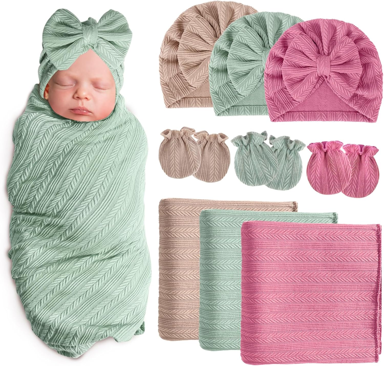 AQOKKA Newborn Receiving Blanket with Bow Hat Mittens Set Wheat-Pattern Newborns Toddler Baby Boy Girl Nursery Swaddle Wrap