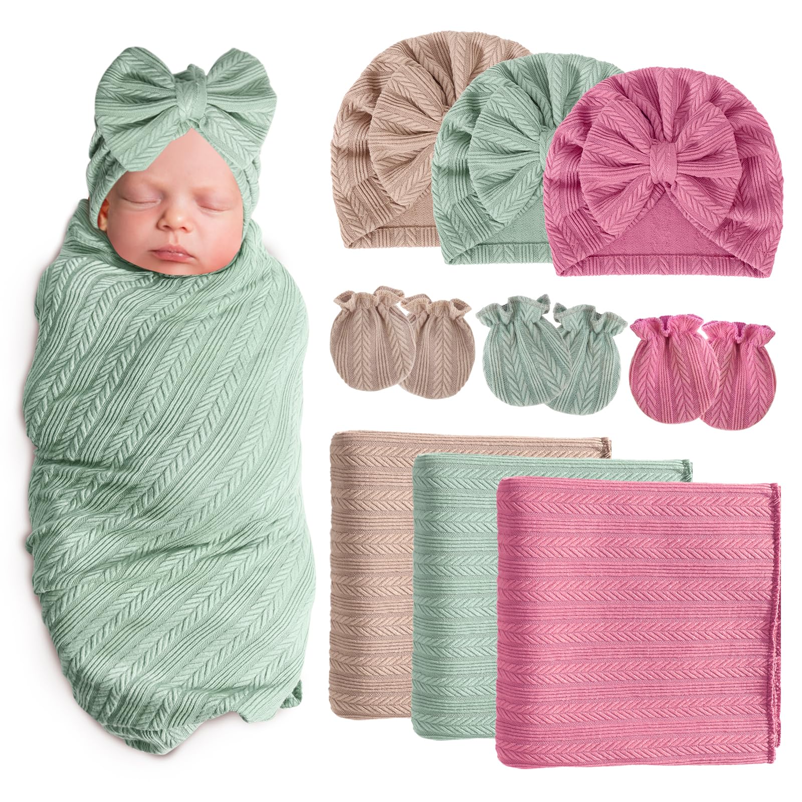 AQOKKA Newborn Receiving Blanket with Bow Hat Mittens Set Wheat-Pattern Newborns Toddler Baby Boy Girl Nursery Swaddle Wrap