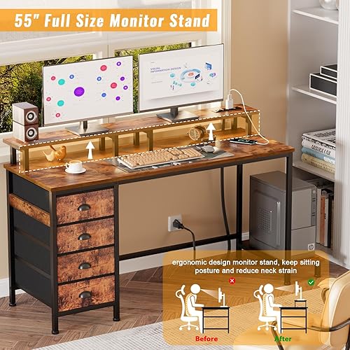 Miniatura 6 de Furologee Escritorio de computadora de 55 pulgadas con 4 cajones, escritorio LED para juegos con tomas de corriente, escritorio de oficina con