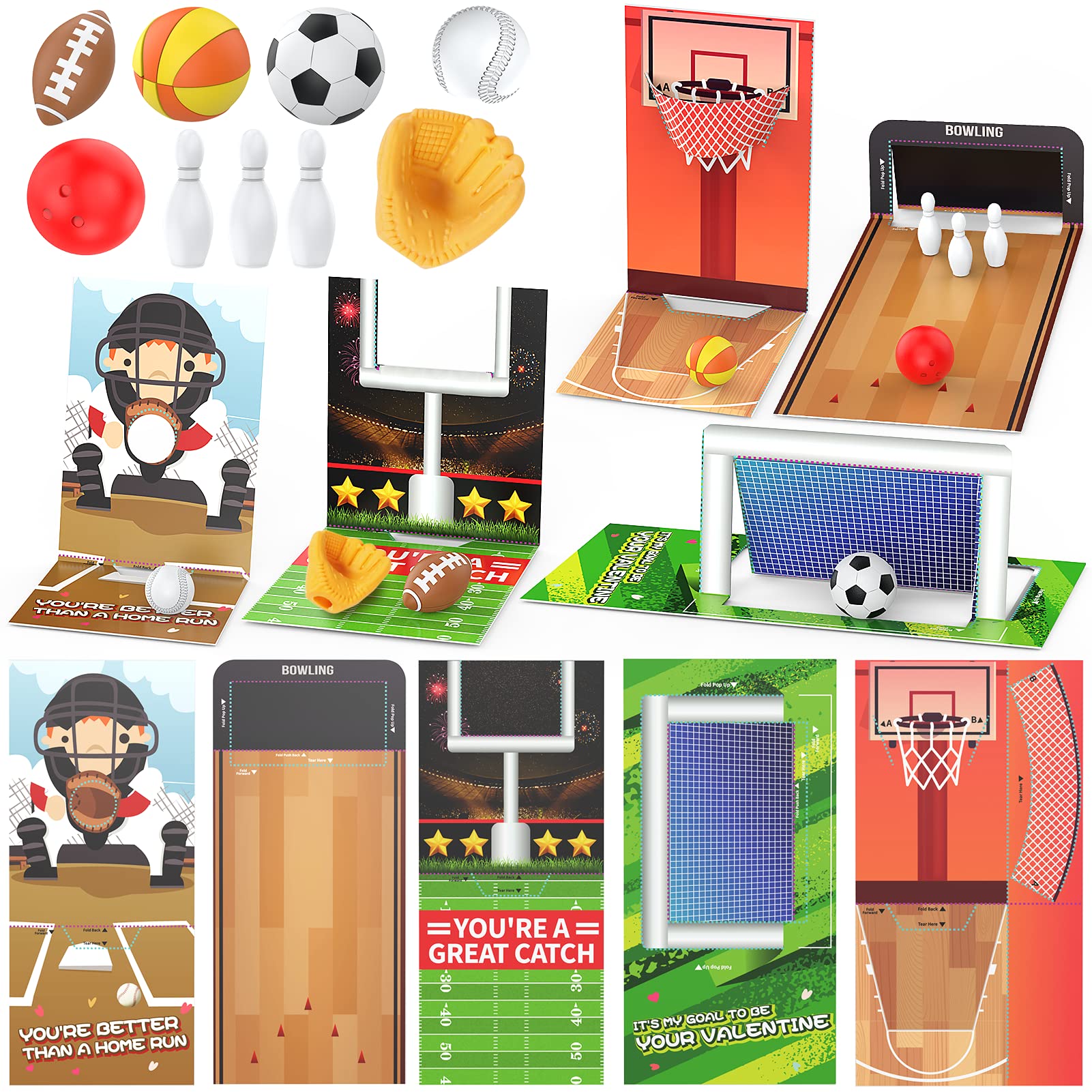 Feltom Valentines Day Gifts for Kids - 30 PCS Mini Sports Ball Eraser & Cards - Valentine Exchange Prizes for Girls & Boys School Classroom