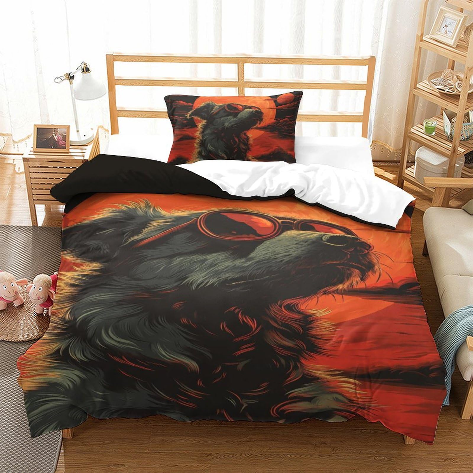 Housse de couette sans repassage motif chien lunettes 3D