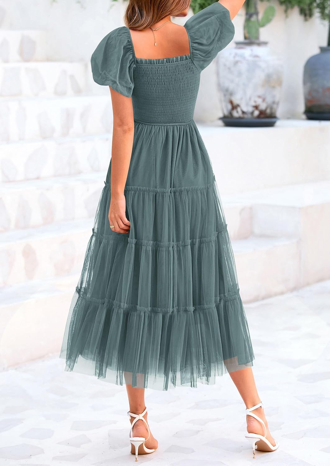 PRETTYGARDEN Women's Smocked Midi Tulle Dress 2026 Summer Puffy Short Sleeve Square Neck Ruffle Wedding Guest Party Dresses - Image 2
