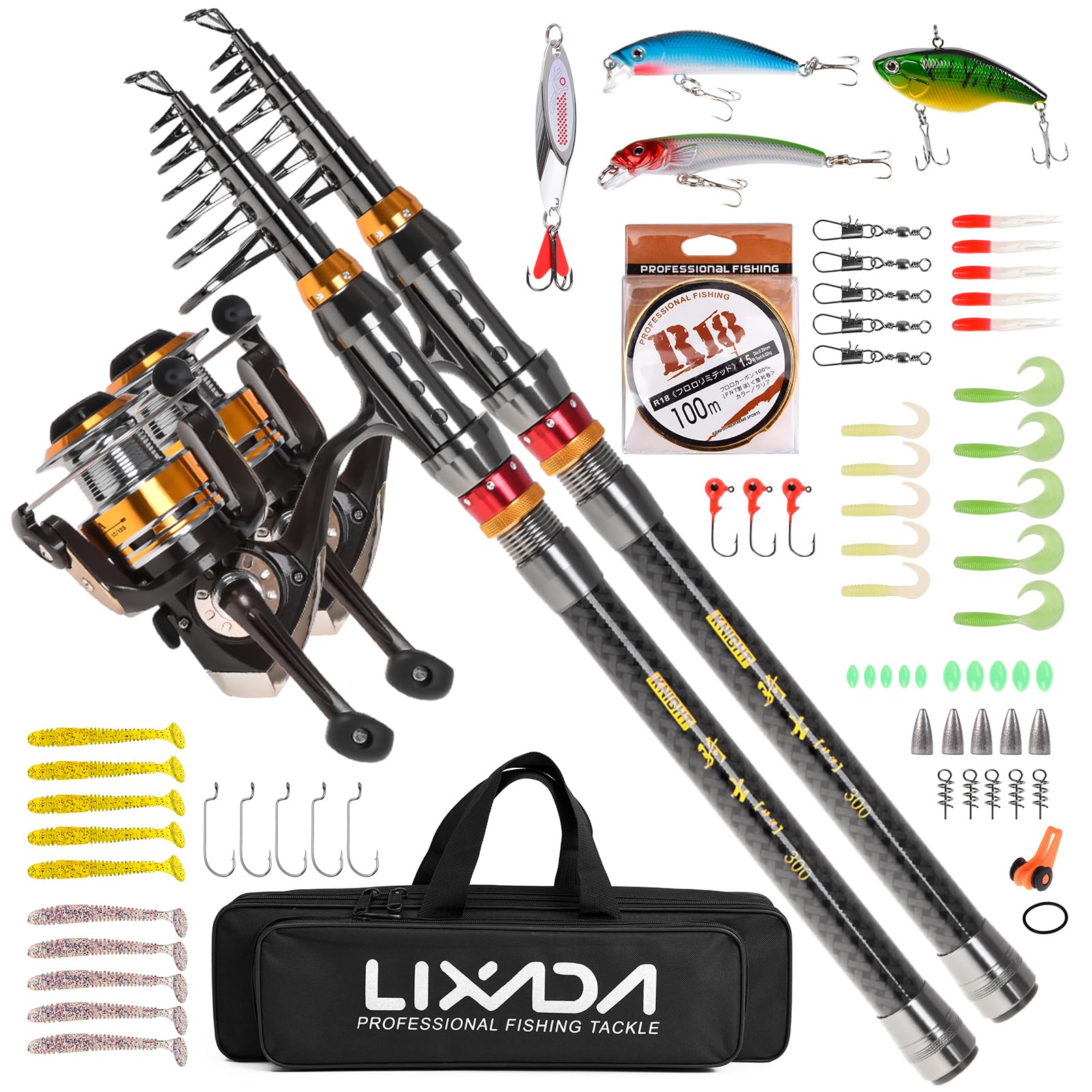 Lixada 2-teiliges Angelruten- und Rollen-Set, Teleskop-Angelrute aus Kohlefaser mit Spinnrollen-Set, Tragetasche, Koffer, Salzwasser/Süßwasser, Reise-Angelköder, Jighaken, komplettes Set