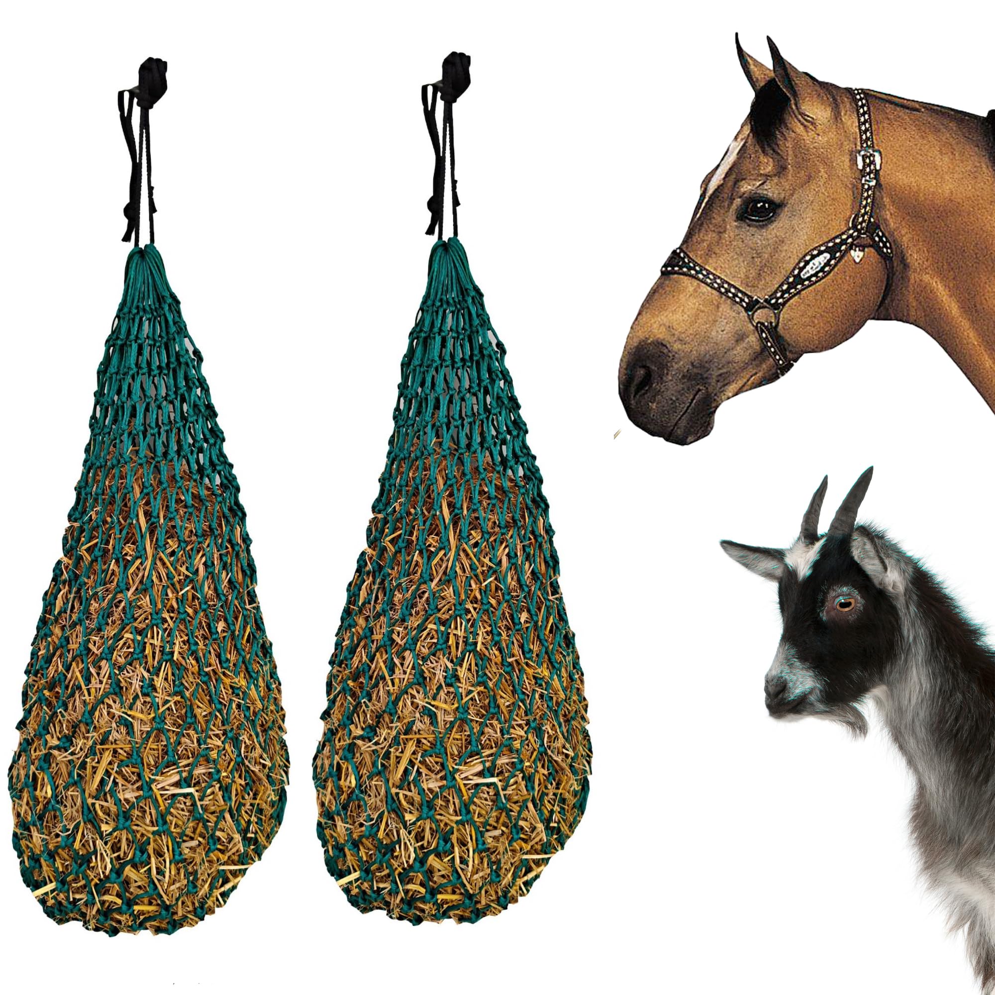 Majestic Ally 2 pcs Ultra Slow Feed 1.5"x1.5" Holes 40” Hay Net for Horses and livestocks. (Hunter Green)