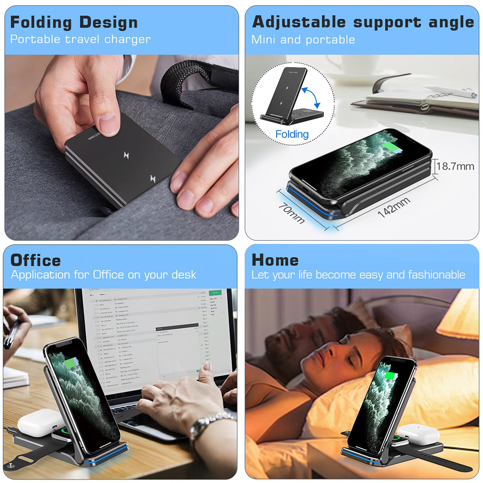 Supporto di ricarica wireless pieghevole 3 in 1, 15 W, stazione di ricarica rapida certificata Qi, pad per iPhone 12/11/XS/XR/8/Apple Watch 6/5/4 per tutti i telefoni abilitati Qi (bianco)