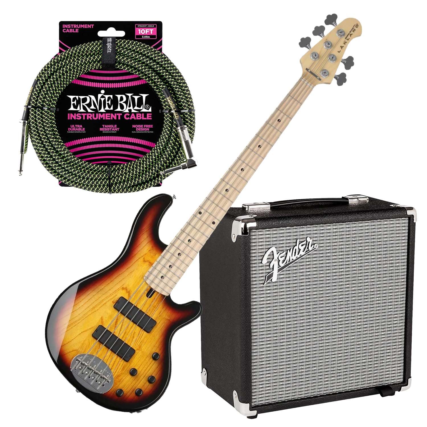 Lakland Skyline 55-01Bass 3-Tone Sunburst with Maple, Fender Rumble 15, Ernie Ball P06077 Bundle
