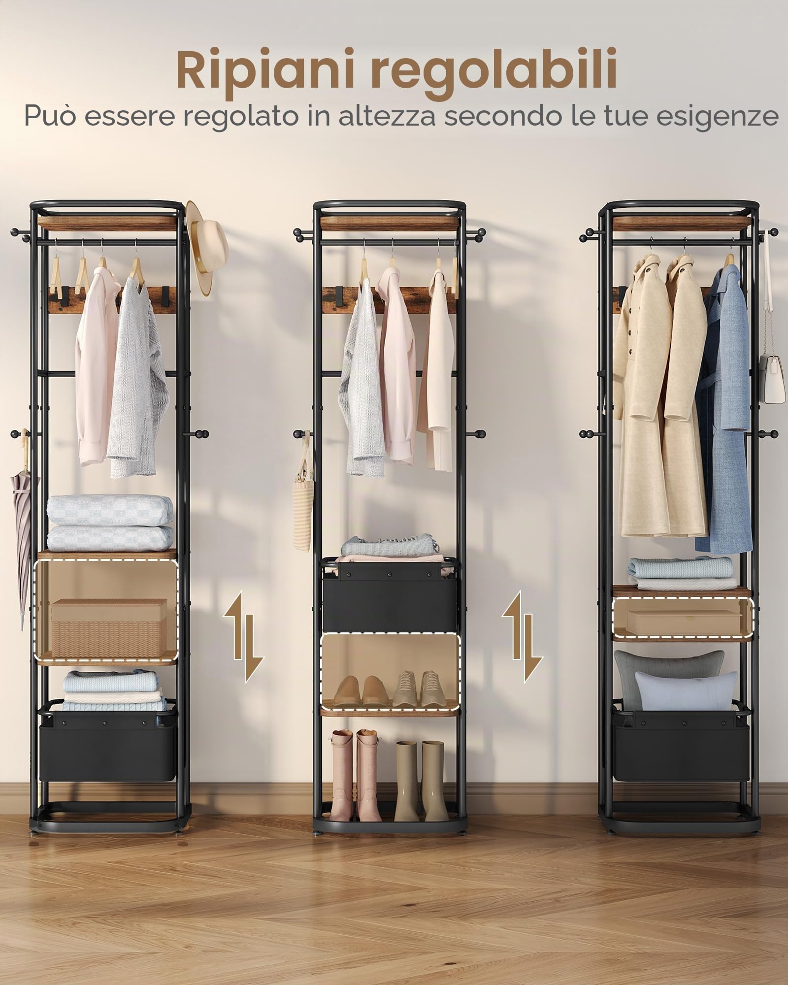 Hzuaneri Appendiabiti, 40 x 44,5 x 182 cm, Attaccapanni da Terra con 3 Ripiani, 11 Ganci e 1 cesto, per sciarpe, borse, cappelli, per ingresso, soggiorno, camera da letto, Marrone Rustico e Nero