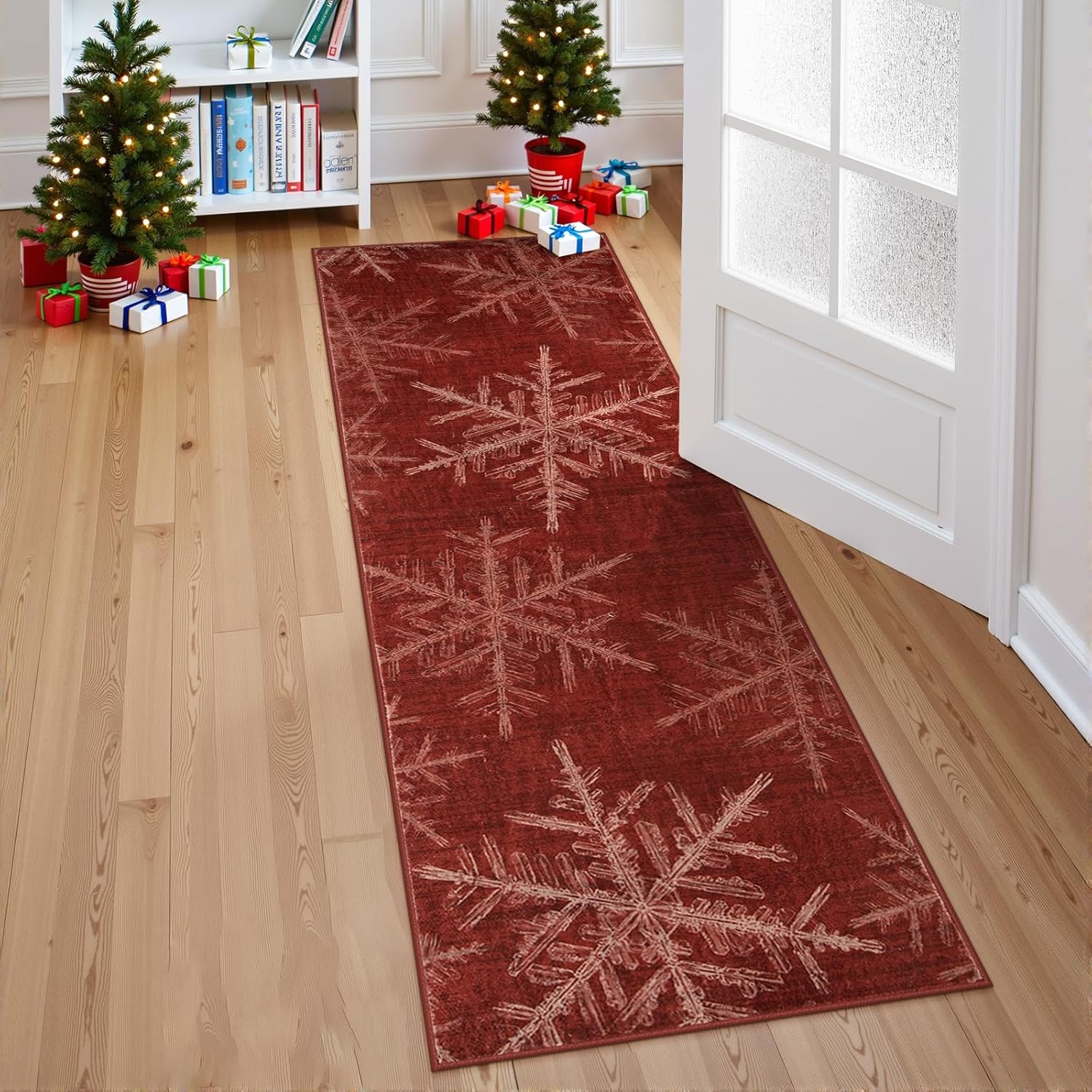 Lahome Snowflake Christmas Runner Rug, 2x6 Red Christmas Rug Runner Soft Non Slip Kitchen Runner Rugs with Rubber Backing Holiday Decor Carpet Runners for Hallways Bedroom Laundry(2x6ft,Red) Red 2' x 6' (Rectangular)