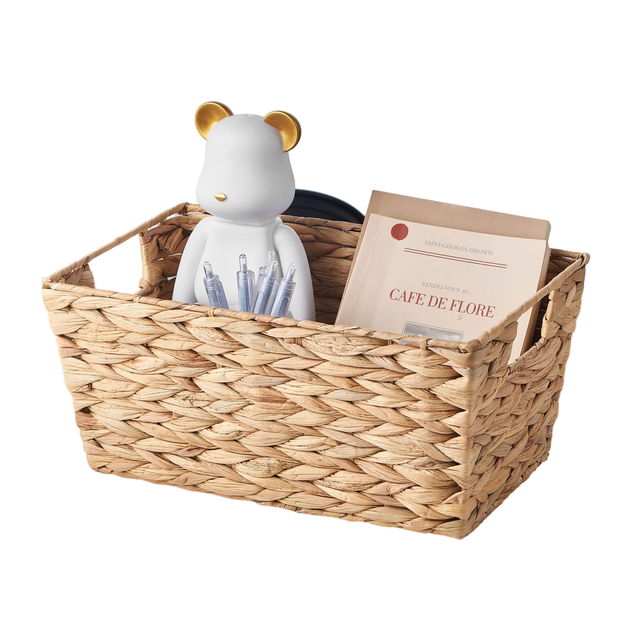 Eden & Willow Natural Water Hyacinth Woven Storage Basket With Handles | Wicker Shelf Baskets For Home Decor And Bathroom Organisation | Handmade Stackable Gift Hamper Basket (1, Medium)