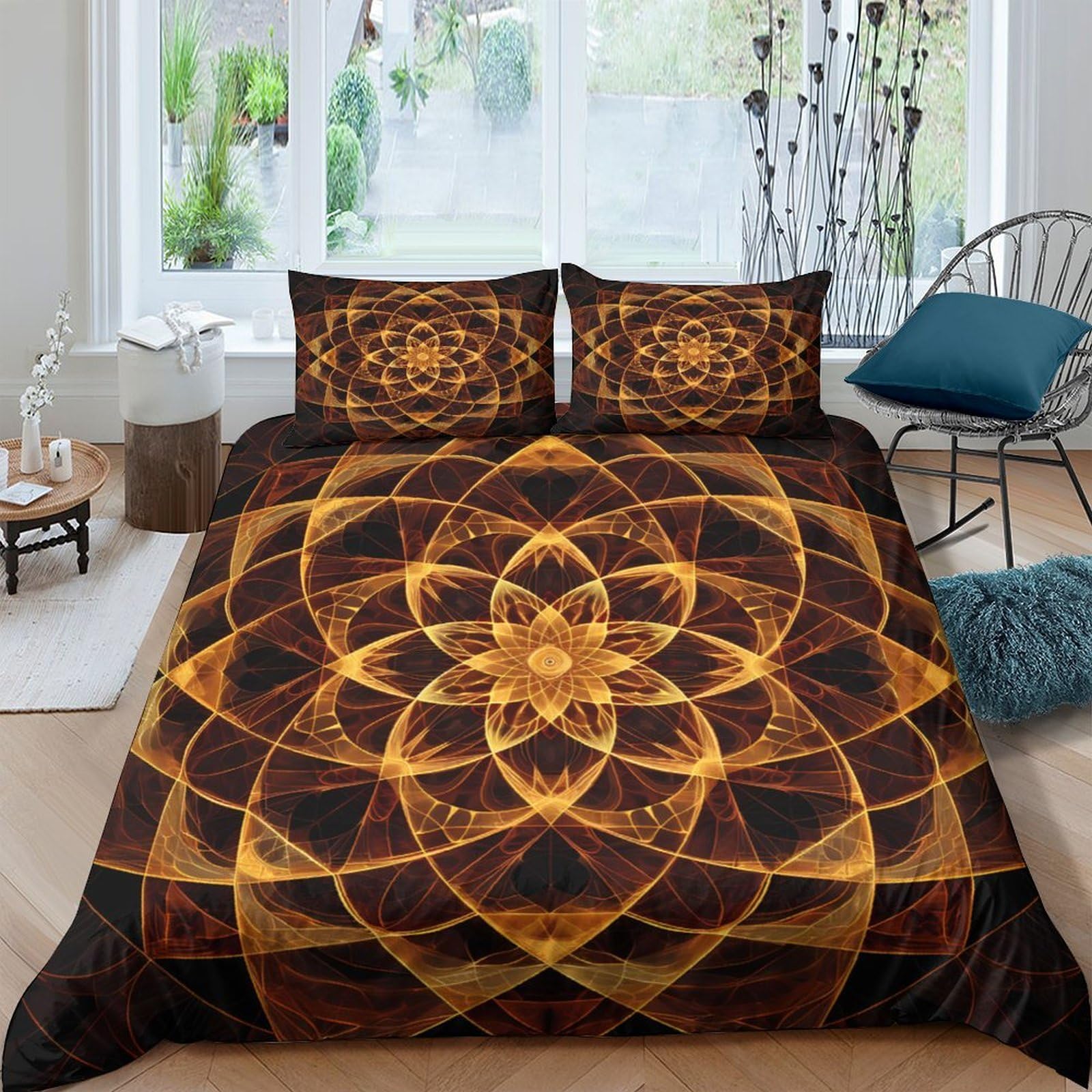 Ctjqhvkz Style-2 3D Printed Mandala Pattern Fitted Sheet Microfiber Brown Gold Flower Mattress Cover Bedroom Decor Dustproof Washable Single（135X200cm）