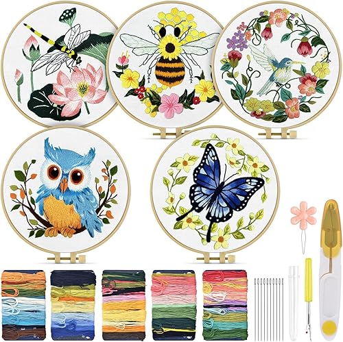 TINDTOP 5 juegos de bordado para principiantes adultos, kit de bordado para principiantes, incluye aros de tela de bordado, hilos para amantes de