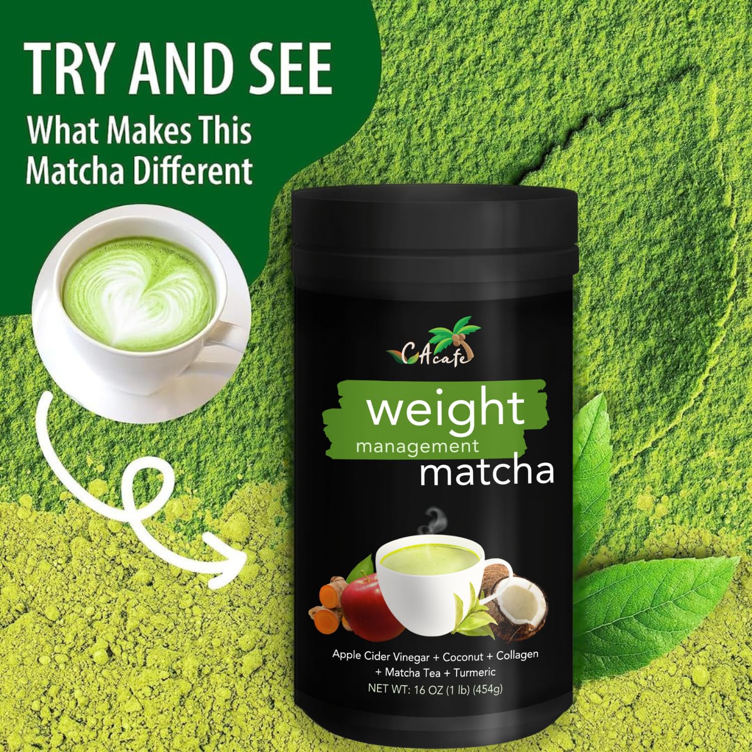 CAcafe ACV Turmeric Matcha Tea 9g Protein Superfoods Blend ACV Turmeric Collagen Coconut Matcha Instant Hot Cold Mix — view 9