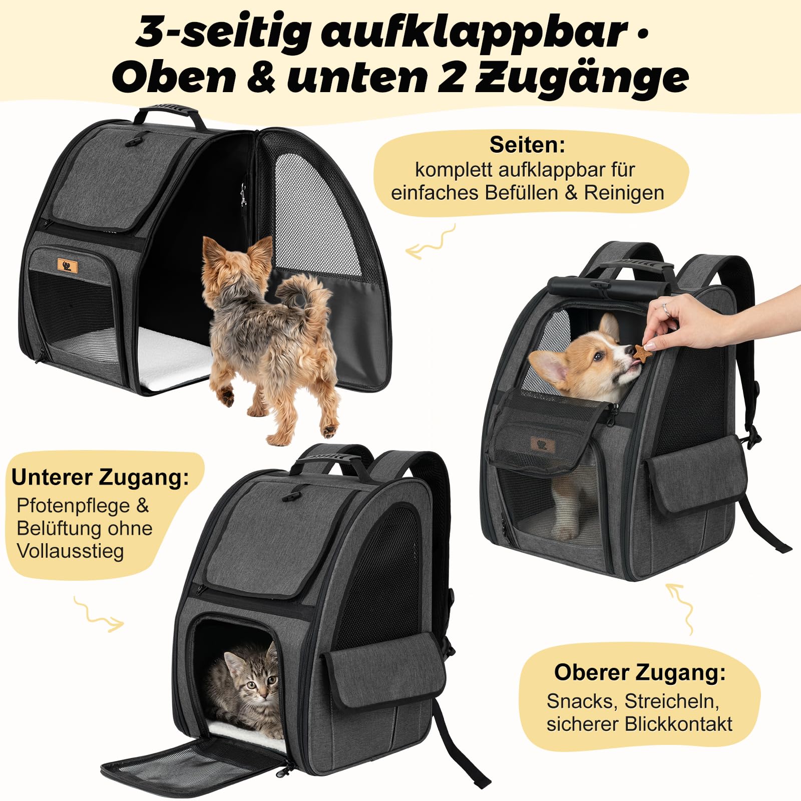 Aystkniet Mochila para perros y gatos con ventilación completa de 270° y entrada de 3 niveles, bolsa plegable para mascotas con cortina de privacidad y soporte para maleta, para senderismo al aire