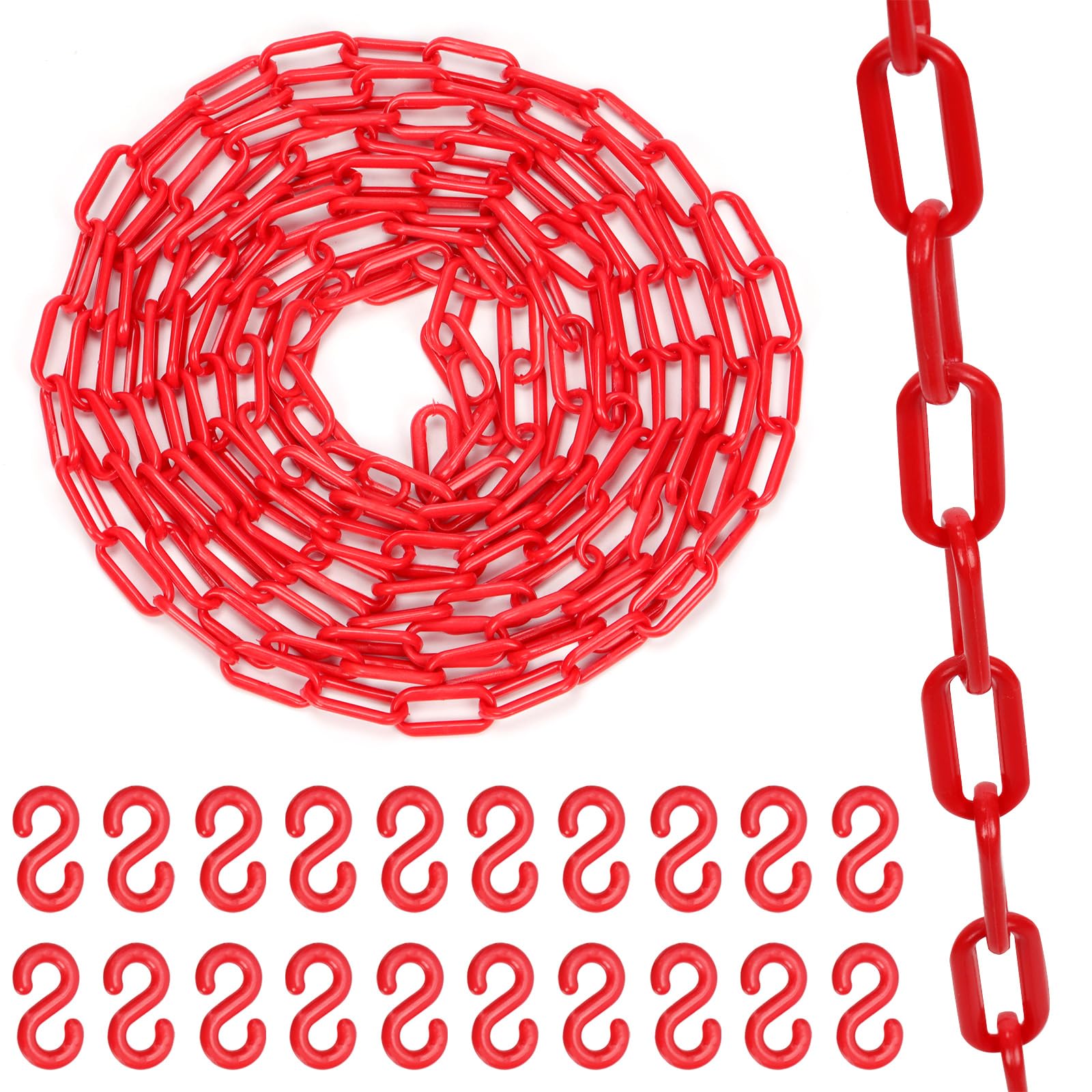 Swpeet Valla de Eslabones de Cadena de Plástico, Barrera para Control de Multitudes, Tráfico, Línea de Espera Rojo 21Pcs 5M x 6mm