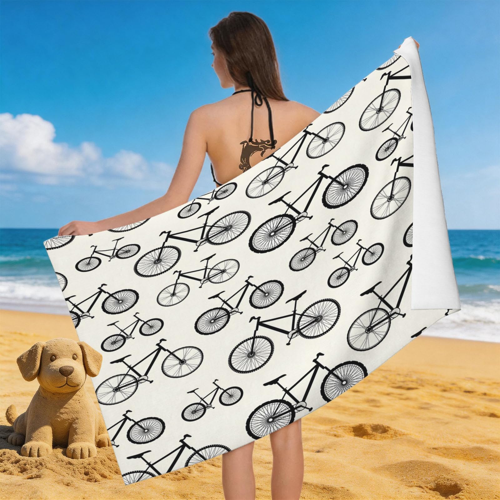 Leichong 3D Bicycle Silhouette Beach Towel Large Microfiber Soft Quick Dry for Adults, Minimalist Style Bath Towel Lightweight Soft Absorbent for Travel Swimming Pool Sports, 80 x 160 cm