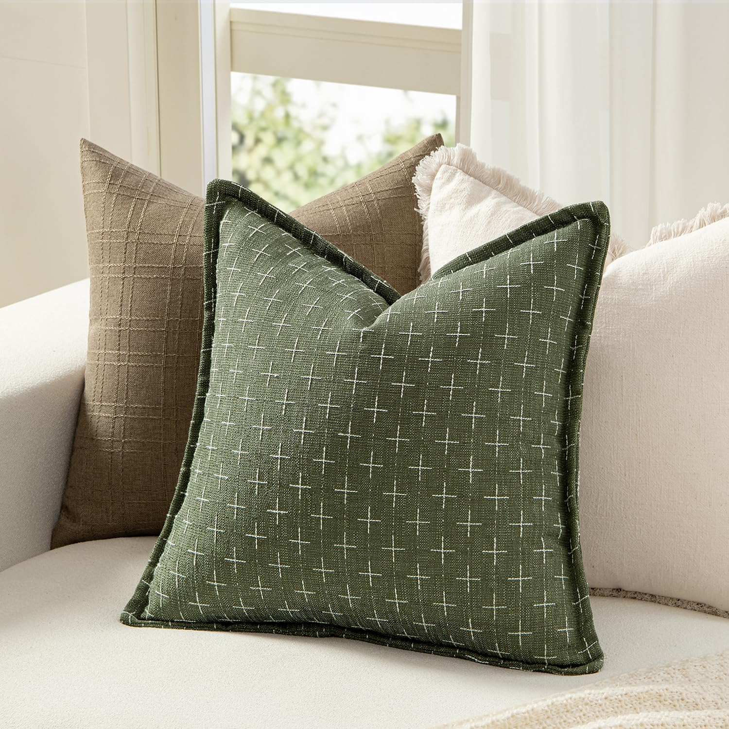 Fundas decorativas de lino de arpillera de 18 x 18 pulgadas, color verde oliva, vintage, fundas de almohada modernas para exteriores, fundas de cojín tejidas con textura para sofá, cama, sala 3