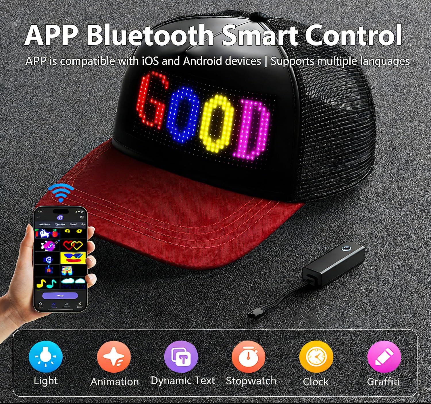 Cappellino da Baseball LED RGB Programmabile - Controllo App con Display Testo Scorrevole per Uomini Donne, Outdoor, Feste, Pesca, Corsa