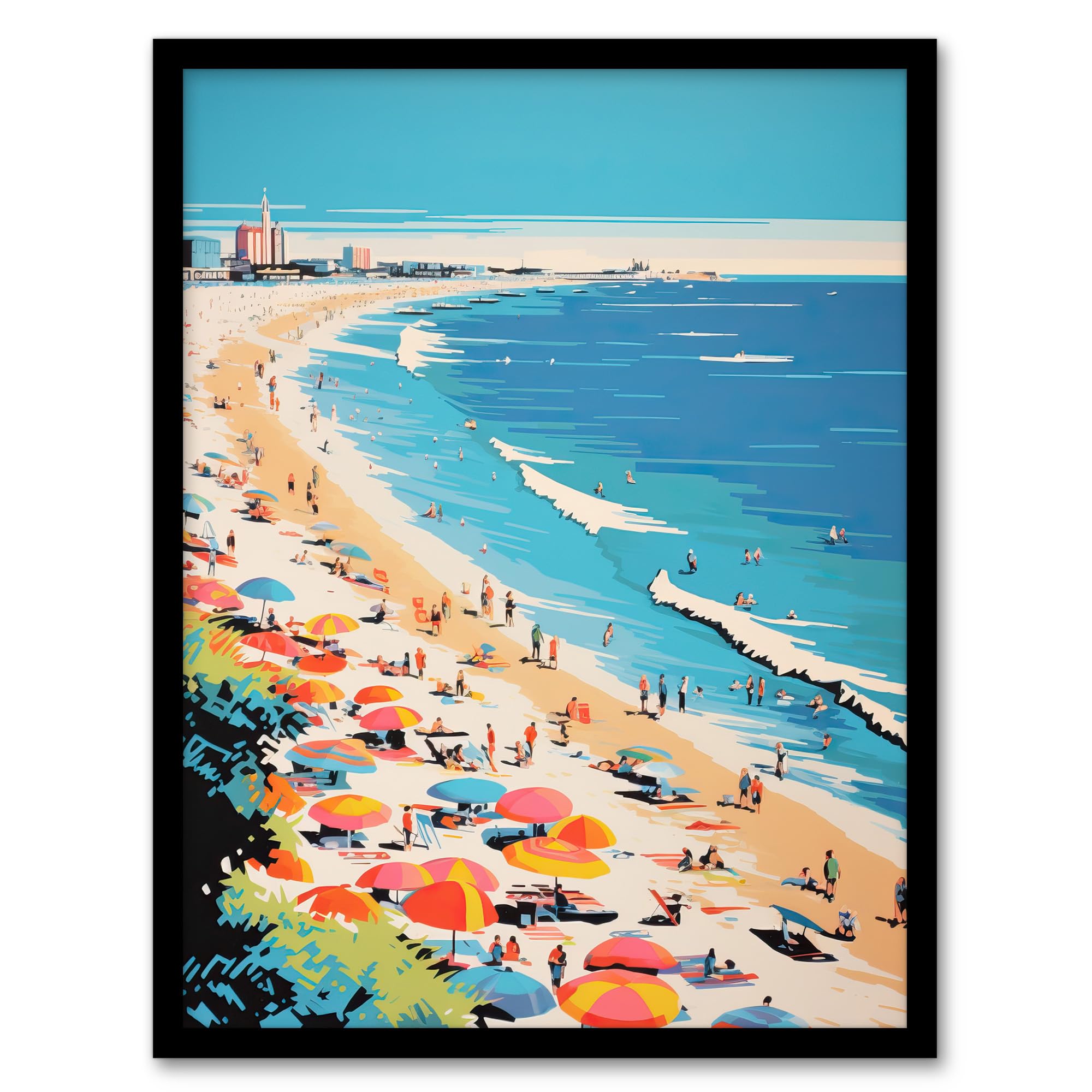 Wee Blue Coo Surf Sand Sea And Sunshine Busy Beach Coastal Landscape Orange Pink Blue Graphic Painting Artwork Framed Wall Art Print 18X24 Inch