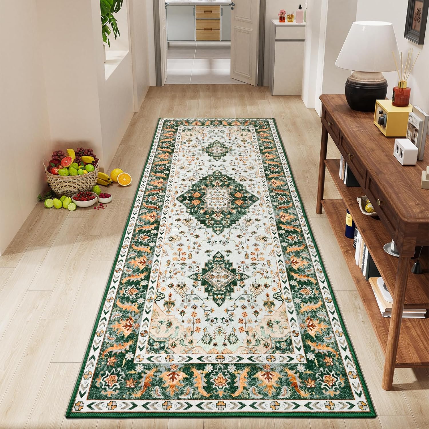 Amearea Vintage Design Runner Rugs for Living Room, 2x6 Machine Washable Floral Collection Traditional Bedroom Rug, Low Pile Cute Kids Room Print Carpet, No Slip Office Kitchen Home Decor, Green
