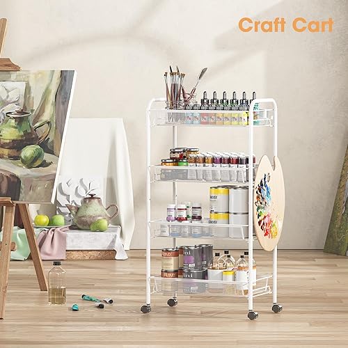 Miniatura 9 de TOOLF Carrito rodante de 4 niveles, carrito de metal con 3 ganchos, carrito de almacenamiento móvil fácil de montar sobre ruedas, estanterías de