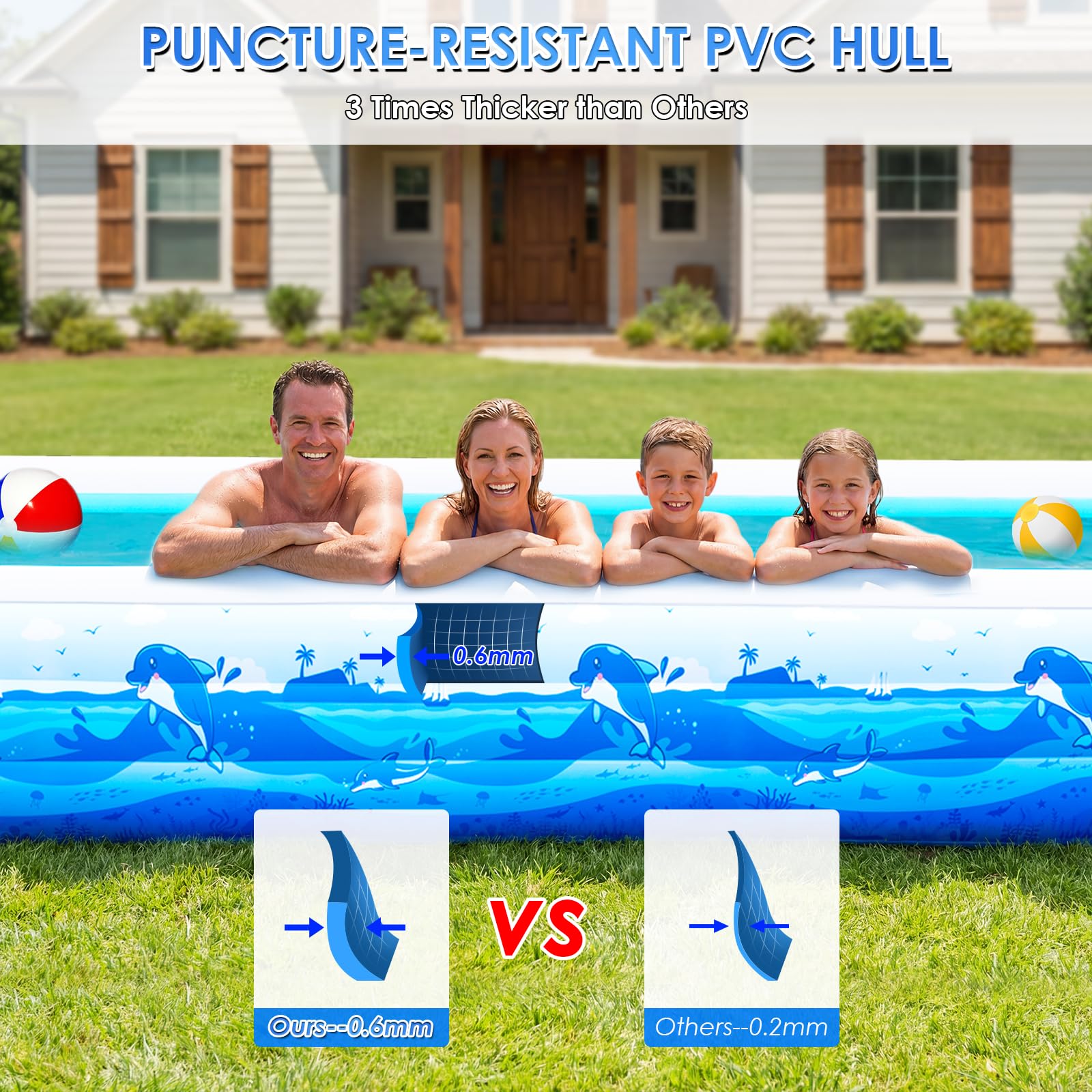 Piscine gonflable extra large pour adultes, 165 x 76 x 22 pouces, piscine gonflable pleine grandeur avec PVC de 0,6 mm et joli imprimé animal, grande piscine familiale pour jardin, fête