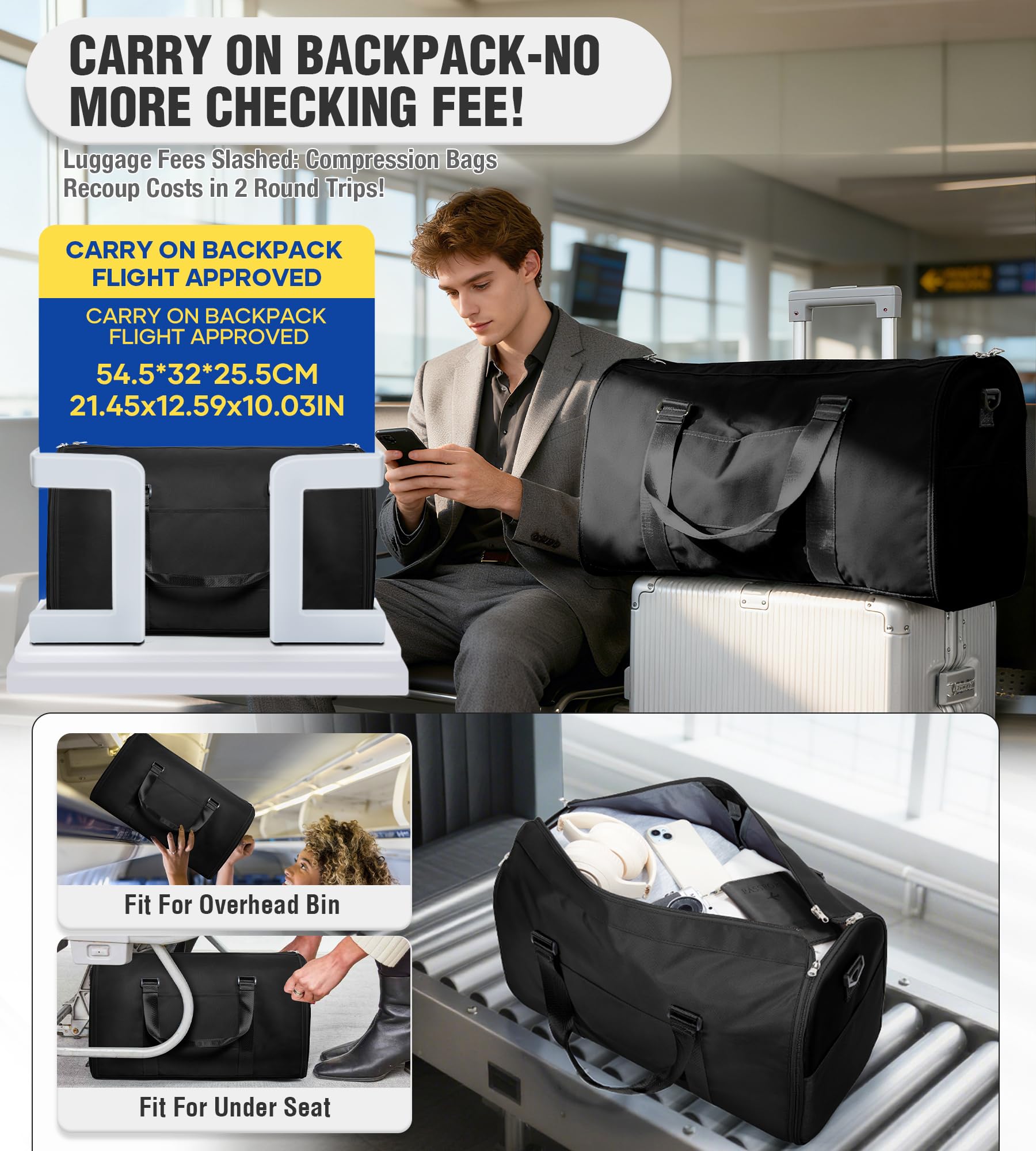 VECAVE Borse da viaggio per indumenti, A-nero, Large, Borsone convertibile per indumenti da viaggio