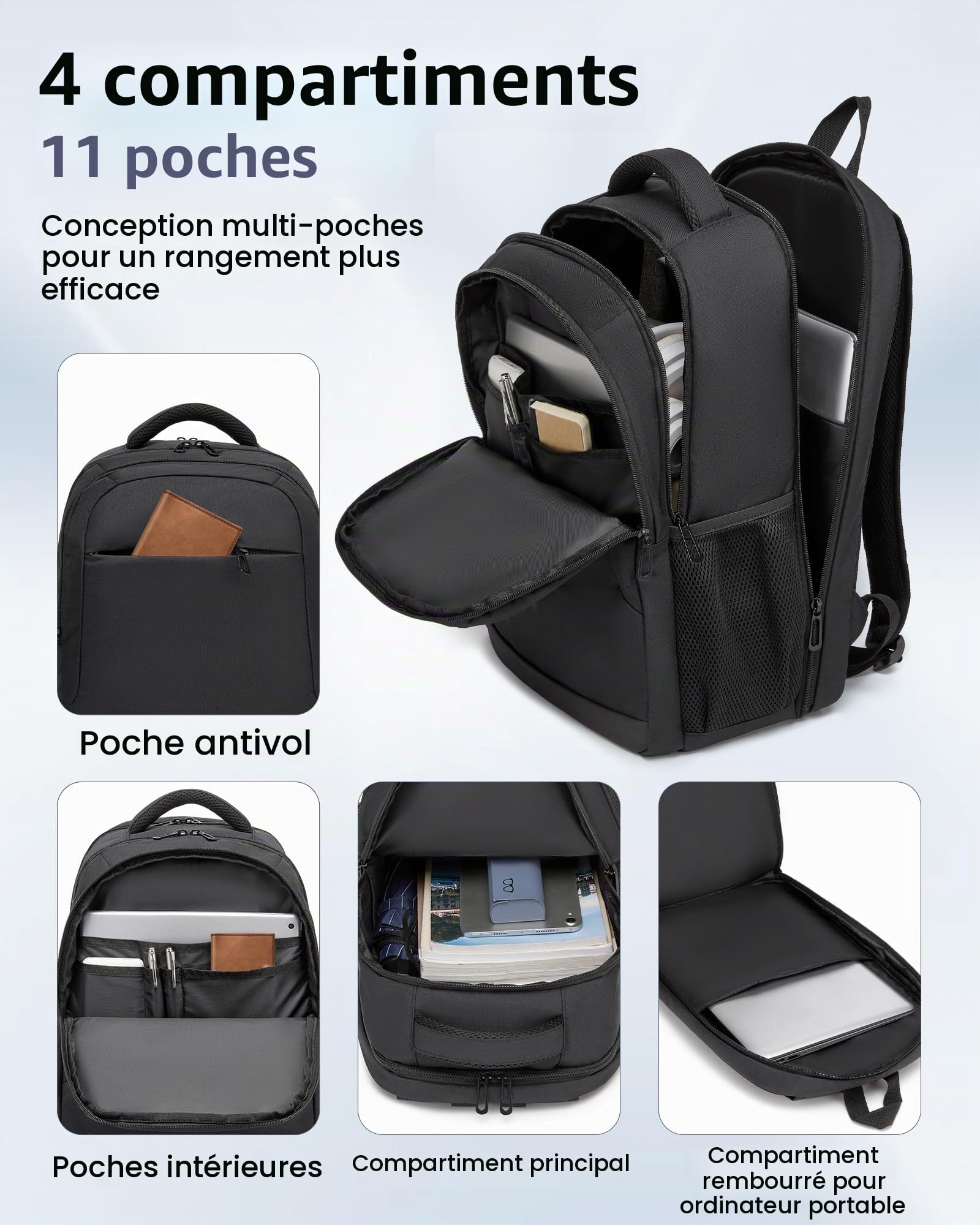 Sac à Dos Ordinateur Portable 15,6 Pouces Homme Femme, Noir | Ouverture 180°, Compartiment PC Rembourré, Poche Antivol, Multiples Poches, Dos Respirant, Bureau, Université, Voyage