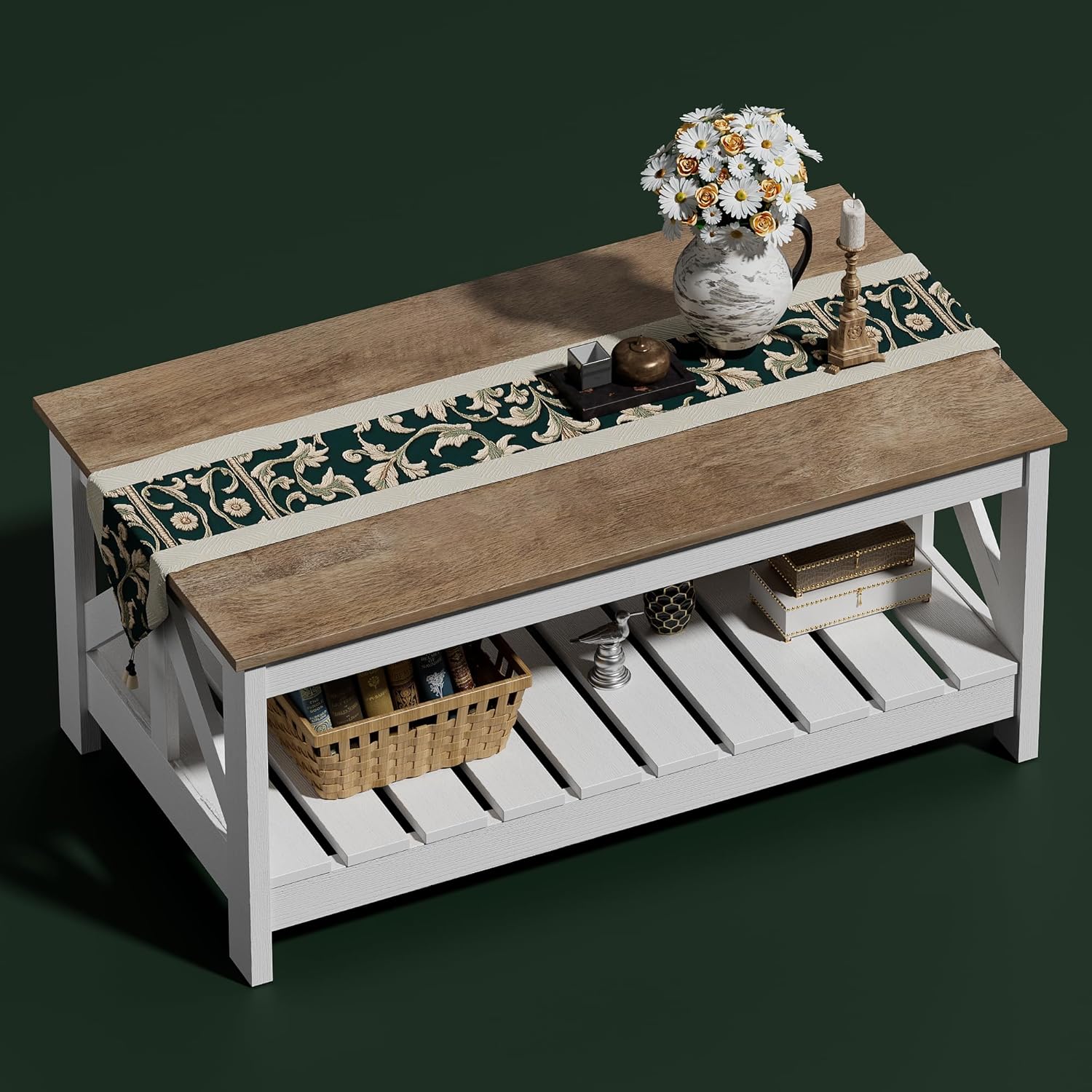 YESHOMY 39″ Farmhouse Coffee Table, Coffee Tables for Living Room, Farmhouse Square Coffee Table with Storage, Couch Table, Small Tables for Small Spaces, Gray and White