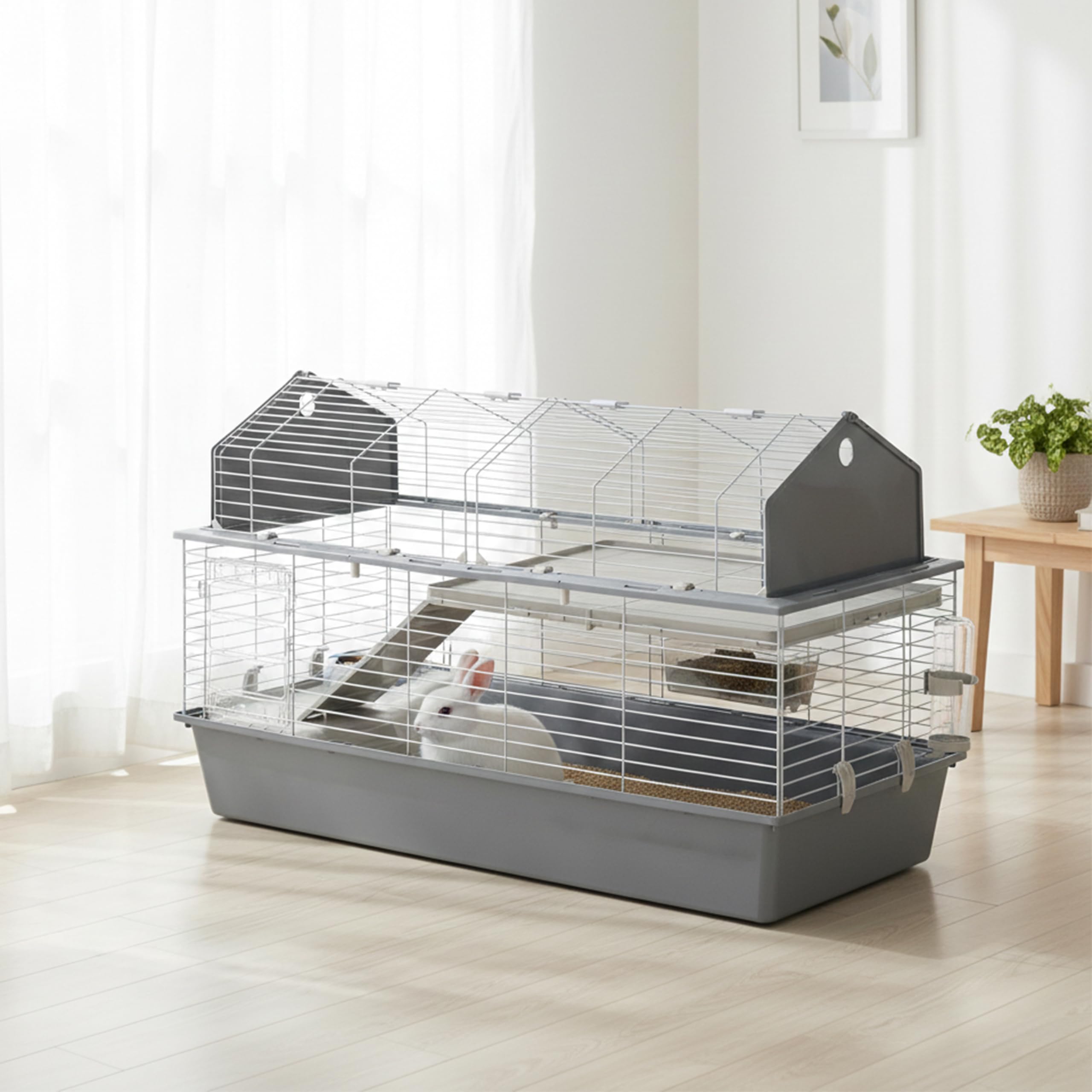 Cage BARN 120 pour Lapins et Petits Animaux, 2 étages, Toit Ouvrant, Accessoires et Adhésifs Inclus
